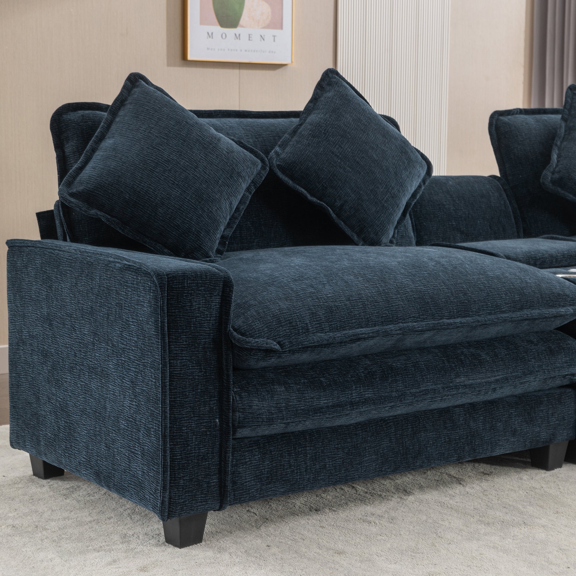 112.6" Sectional Sofa Chenille Upholstered Sofa With Two Removable Ottoman, Two Usb Ports, Two Cup Holders And Large Storage Box For Living Room, Blue Blue Foam Chenille 2 Seat