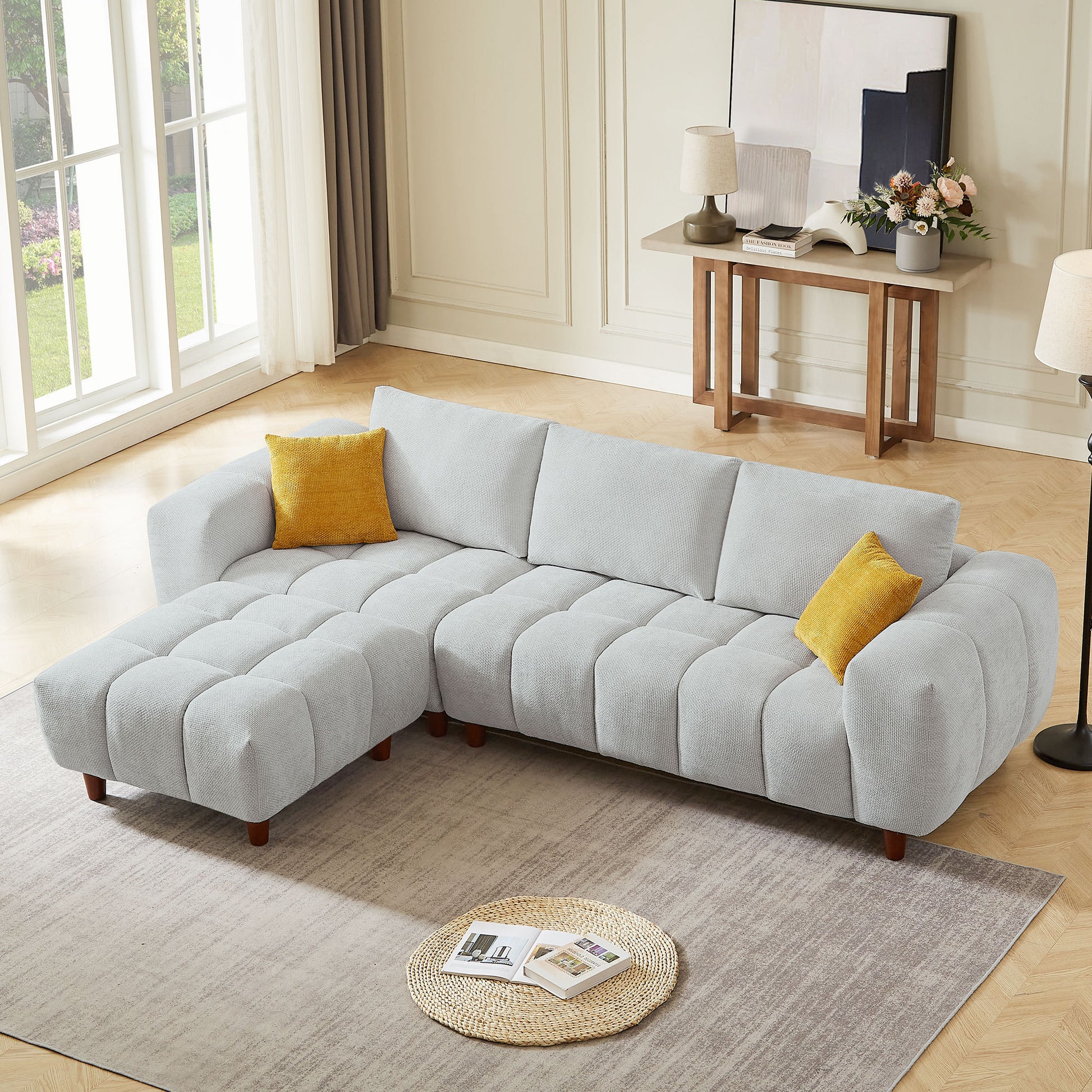 Convertible Sectional Sofa Couch, L Shaped Sofa With Fabric Couch,Modern Design Cream Style Marshmallow Sofa For Living Room And Office,Grey Light Grey Wood Fabric 3 Seat