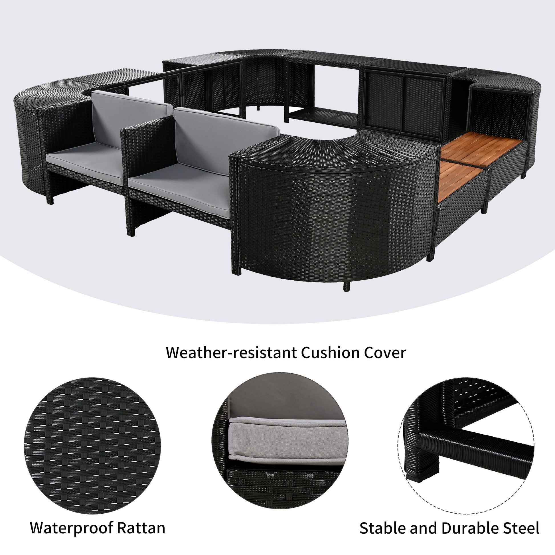 Spa Surround Spa Frame Quadrilateral Outdoor Rattan Sectional Sofa Set With Mini Sofa, Wooden Seats And Storage Spaces, Grey Yes Grey Water Resistant Frame Water Resistant Cushion Garden & Outdoor Sectional Seating Groups Foam Rattan Waterproof Fabric