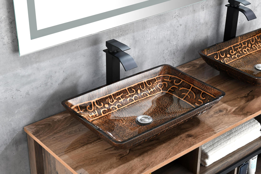 22" L 14" W 4" H Handmade Glass Rectangle Vessel Bathroom Sink In Brown And Gold Fusion Finish With Faucet And Pop Up Drain In Matte Black Brown Glass