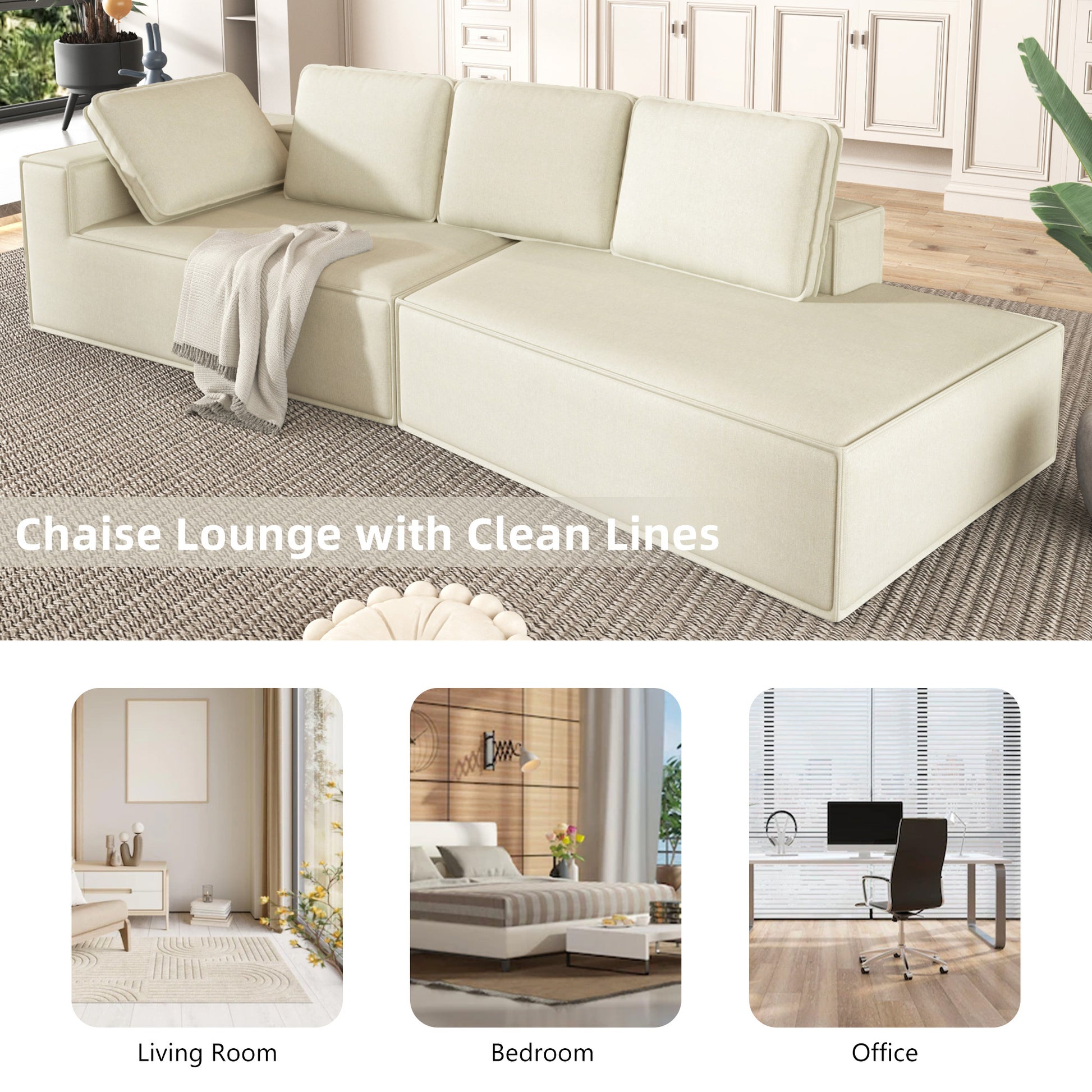 125" Stylish Chaise Lounge Modern Indoor Lounge Sofa Sleeper Sofa With Clean Lines For Living Room, Beige Beige Chenille 2 Seat