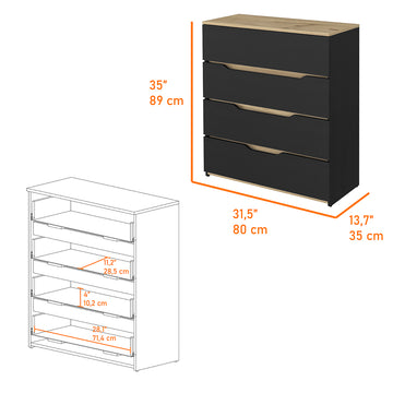 Zoe Dresser, Superior Top, Four Drawers Black Light Oak Multicolor Bedroom Modern Particle Board Particle Board