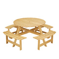 Outdoor 8 Person Picnic Table, 8 Person Round Picnic Table With 4 Built In Benches, Umbrella Hole, Outside Table And Bench Set For Garden, Backyard, Porch, Patio, Natural Natural Wood Metal