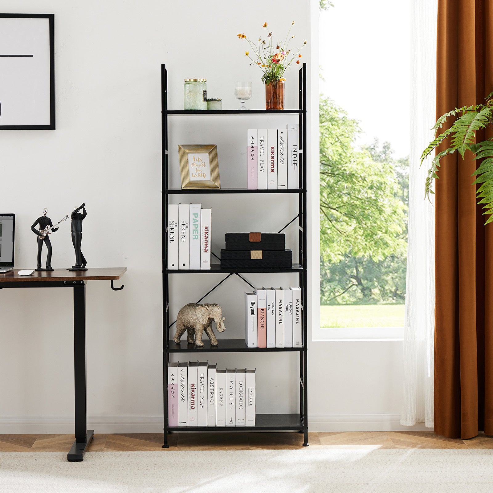 5 Shelves, Home Office And Living Room, Multifunctional Display Stand For Books, Black Black Metal & Wood