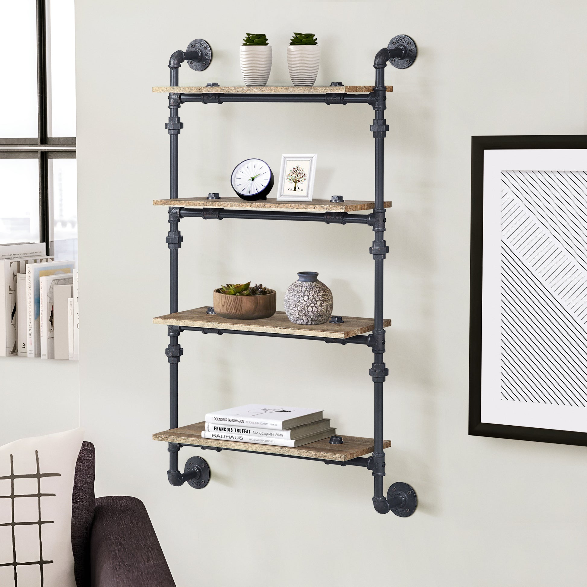 Oak And Sandy Black Rectangle 4 Tier Wall Shelf 4 Natural Black Primary Living Space Open Back Oak Wood Metal