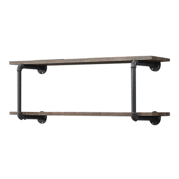 Antique Oak And Sandy Grey 2 Tier Wall Shelf 2 Or Less Natural Grey Horizontal Primary Living Space Open Back Industrial Oak Adjustable Shelves Wood Metal