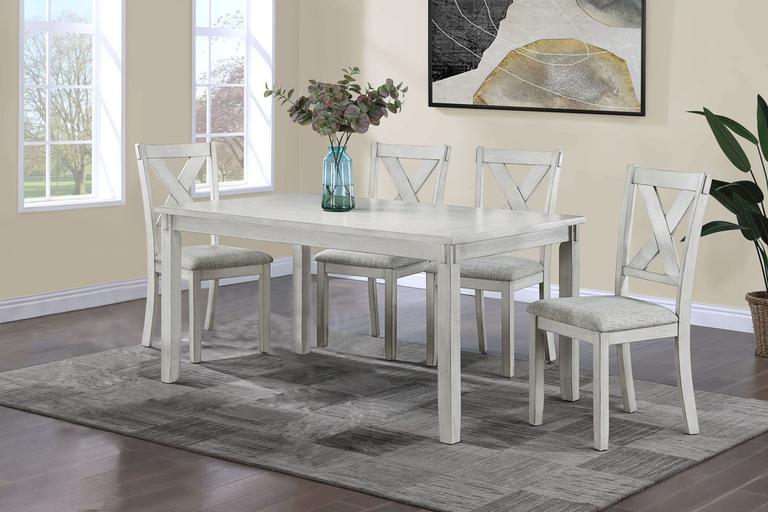 Rustic Farmhouse Transitional 5 Piece Dinette Dining Set Rectangular Table Linen Look Fabric Upholstered Chair Seat Wooden Dining Room Furniture White Gray Drift Wood Finish Wood Wood Antique White Gray Gray Seats 4 Wood Dining Room 60 Inches