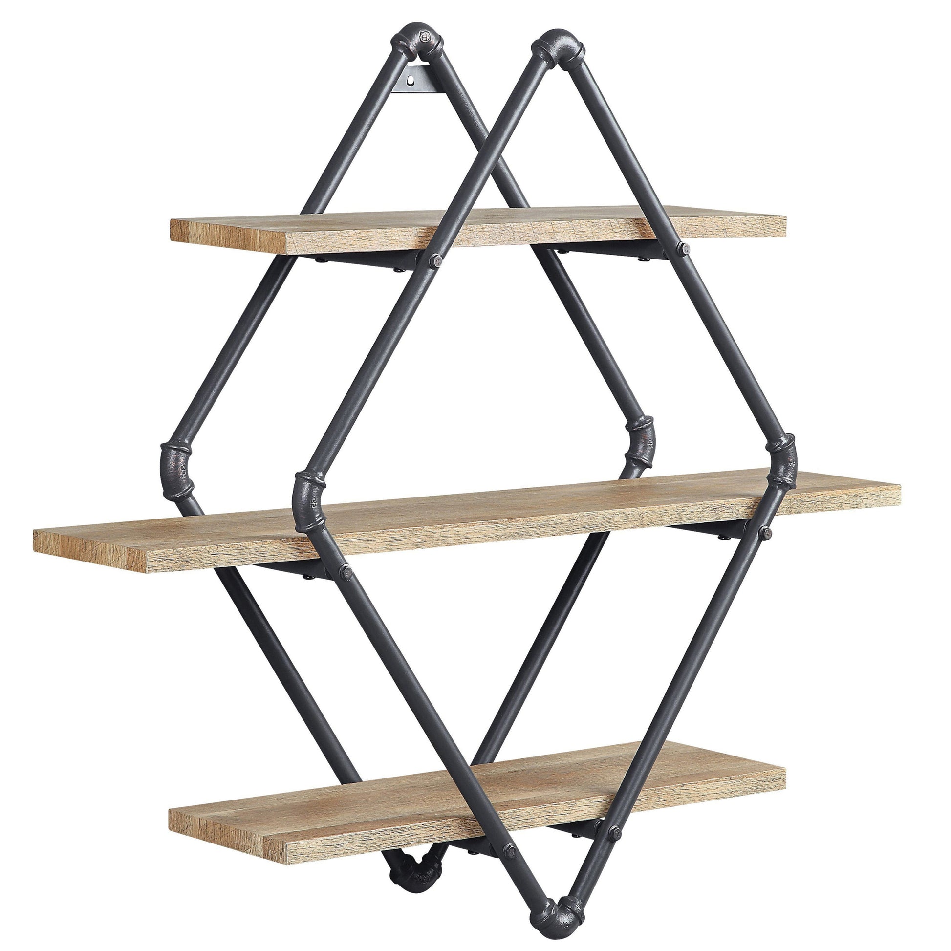 Mankato Oak And Sandy Black 3 Tier Wall Shelf 3 Natural Black Open Back Wood Metal