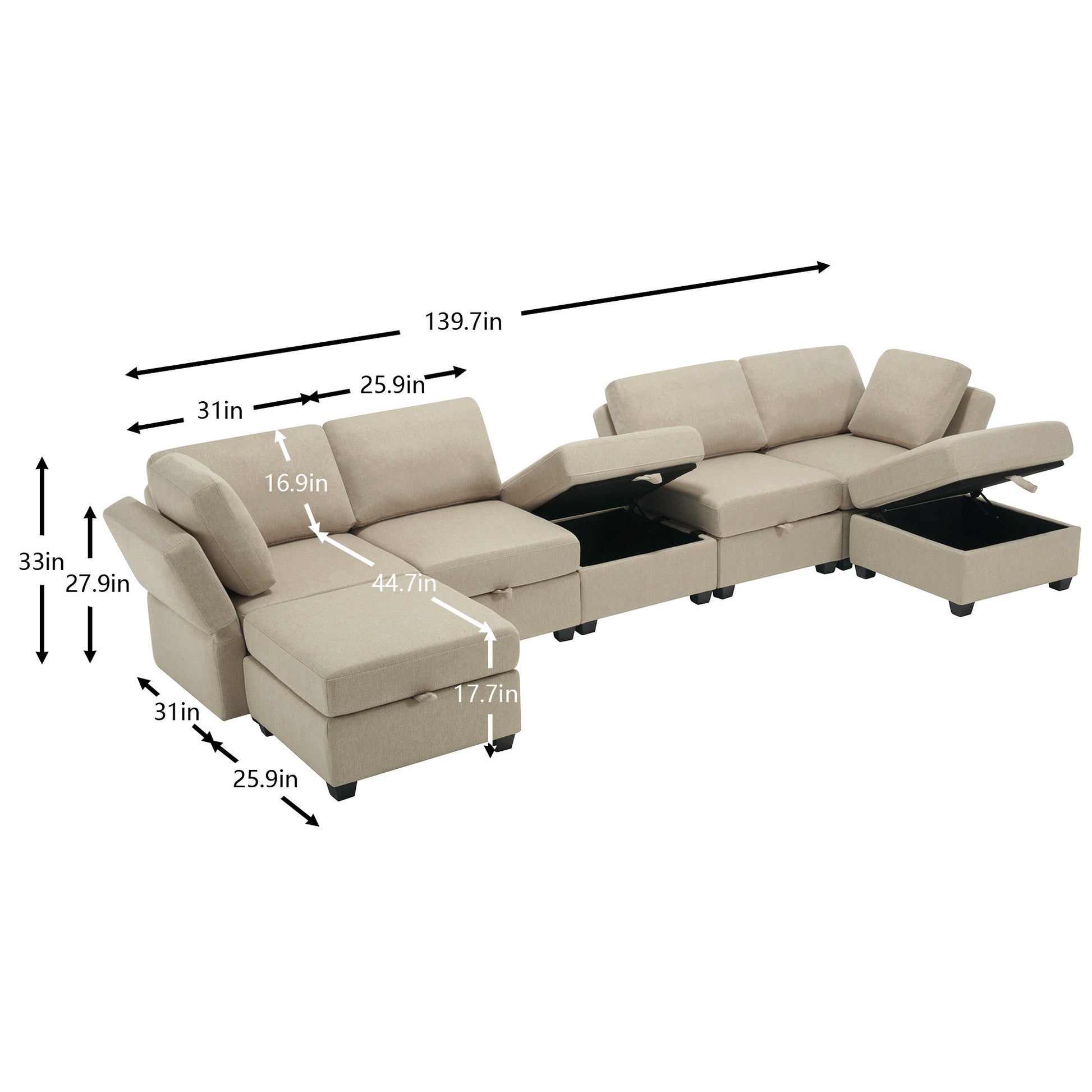 Modular Sectional Sofa U Shaped Sectional Couch With Ottoman, 7 Seat Modular Sofa With Chaise For Living Room, Adjustable Arms And Backs Beige Beige Polyester 4 Seat