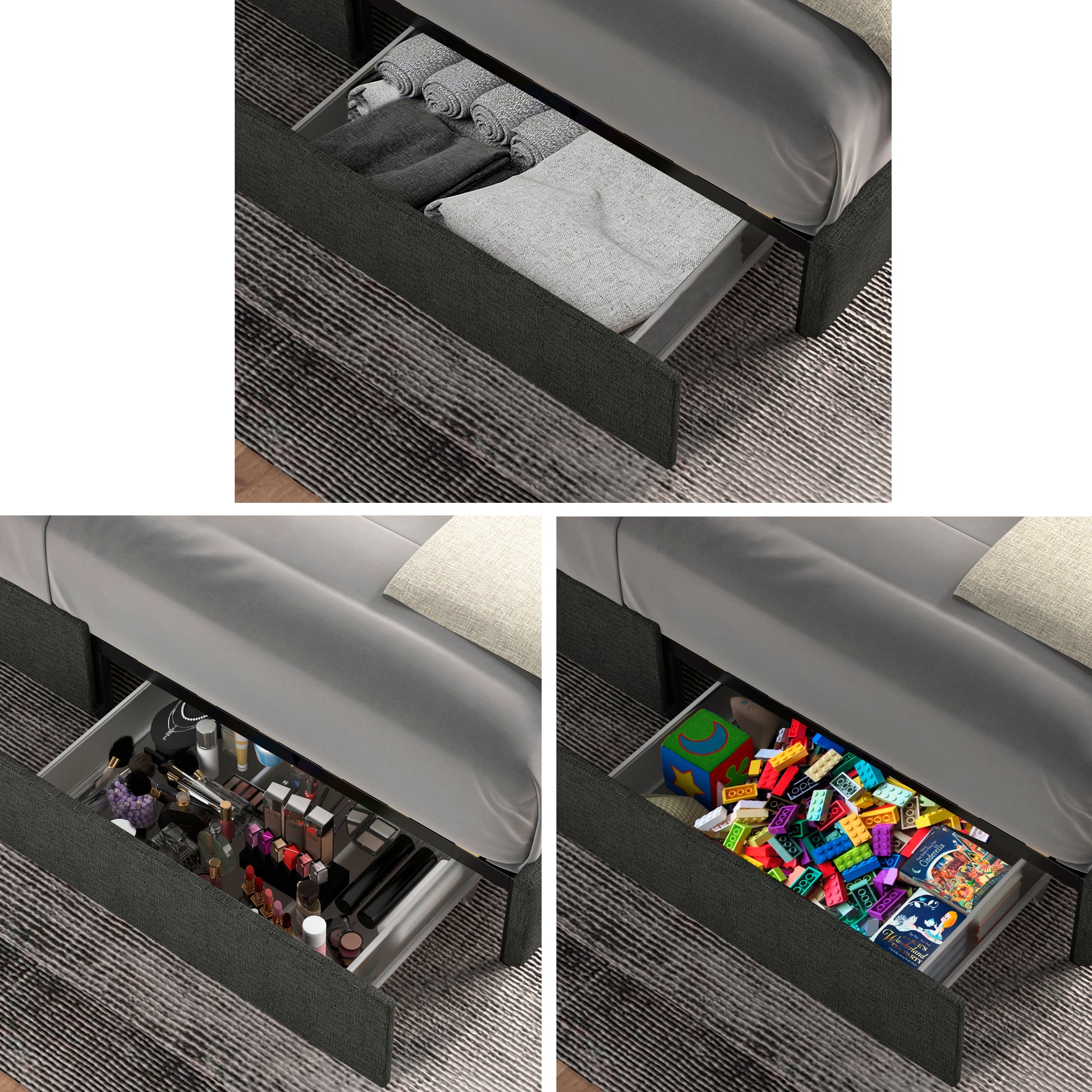 Same As B083115499 Anna Queen Size Gray Linen Upholstered Wingback Platform Bed With Patented 4 Drawers Storage, Modern Design Headboard With Tight Channel, Wooden Slat Mattress Support Box Spring Not Required Queen Gray Metal Bedroom
