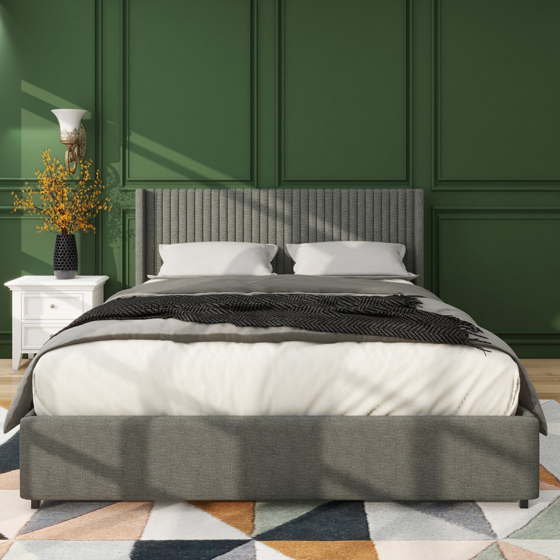 Same As B083115499 Anna Queen Size Gray Linen Upholstered Wingback Platform Bed With Patented 4 Drawers Storage, Modern Design Headboard With Tight Channel, Wooden Slat Mattress Support Box Spring Not Required Queen Gray Metal Bedroom