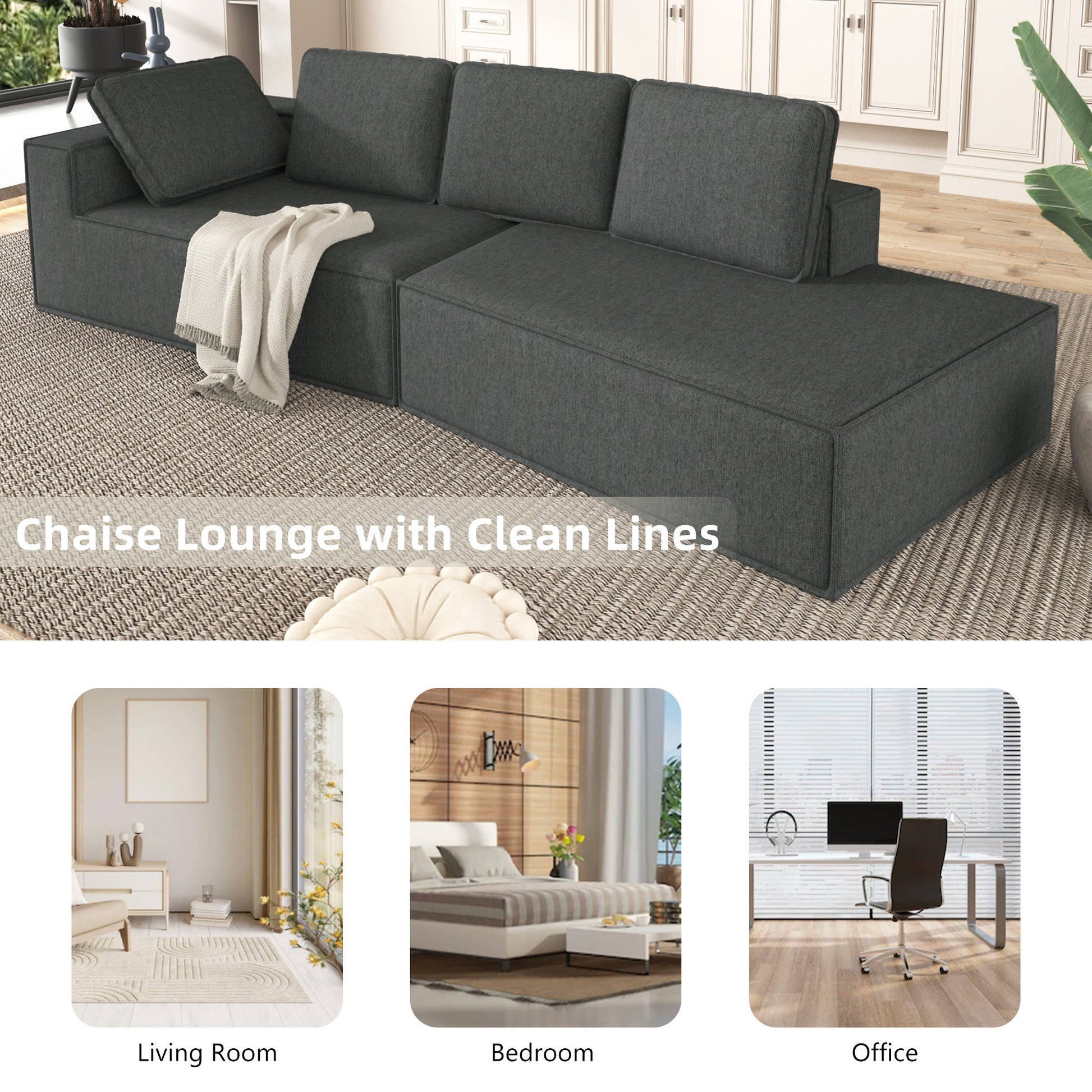 125" Stylish Chaise Lounge Modern Indoor Lounge Sofa Sleeper Sofa With Clean Lines For Living Room, Grey Grey Chenille 2 Seat