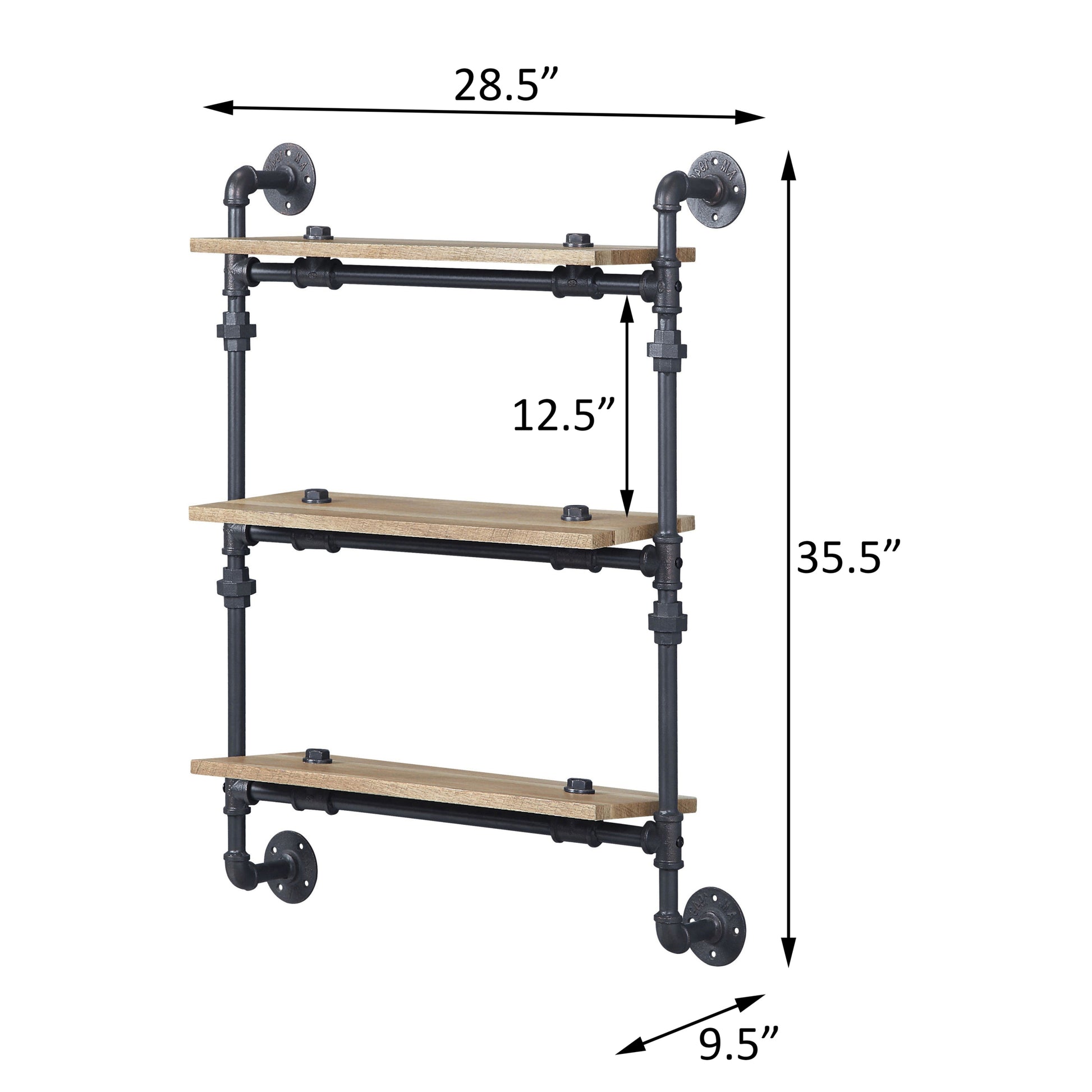 Oak And Sandy Black Rectangle 3 Tier Wall Shelf 3 Natural Black Open Back Wood Metal