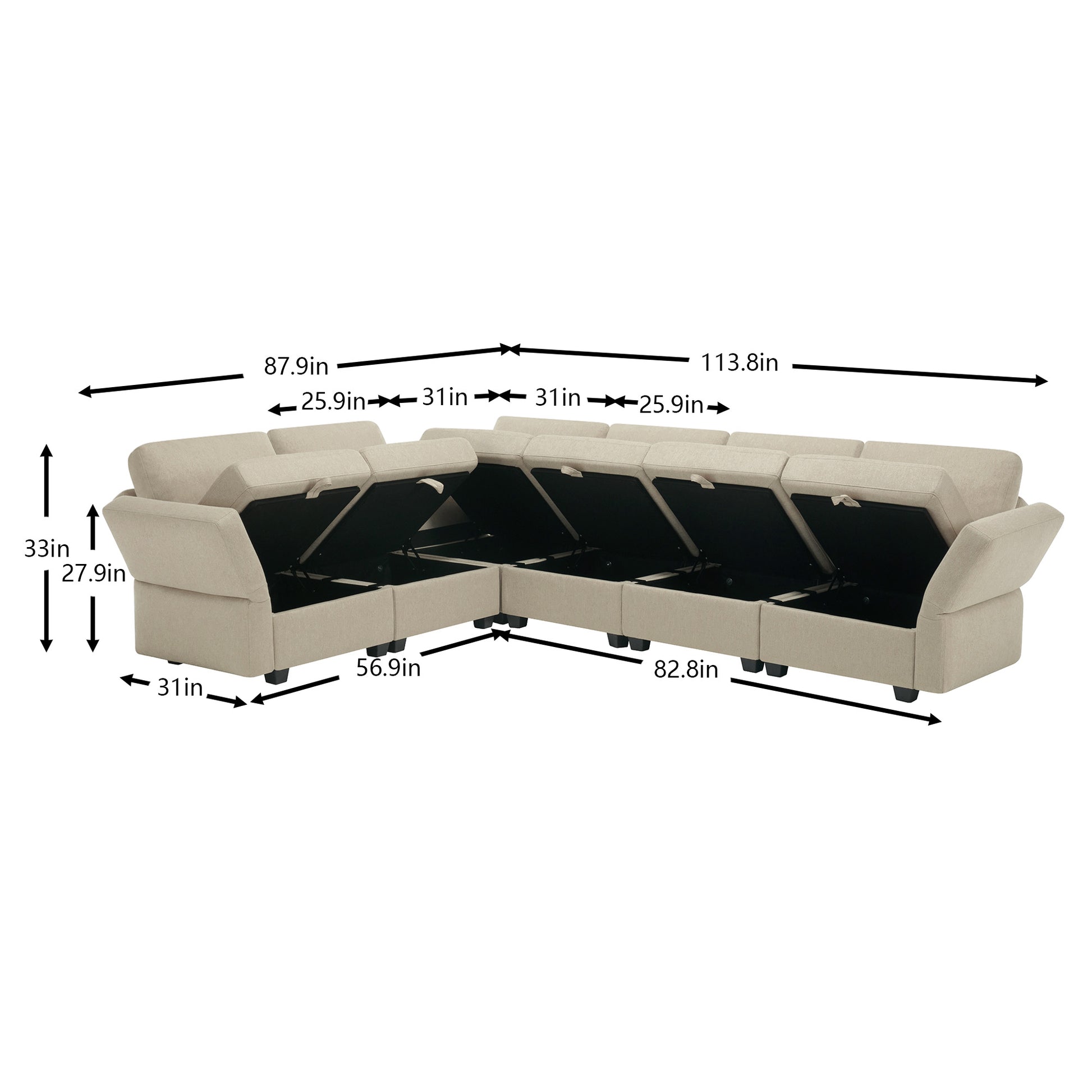 L Shaped Modular Sectional Corner Sofa Couch, 6 Seat Modular Sectional Sofa With Chaise For Living Room, Adjustable Arms And Backs Beige Beige Polyester 6 Seat