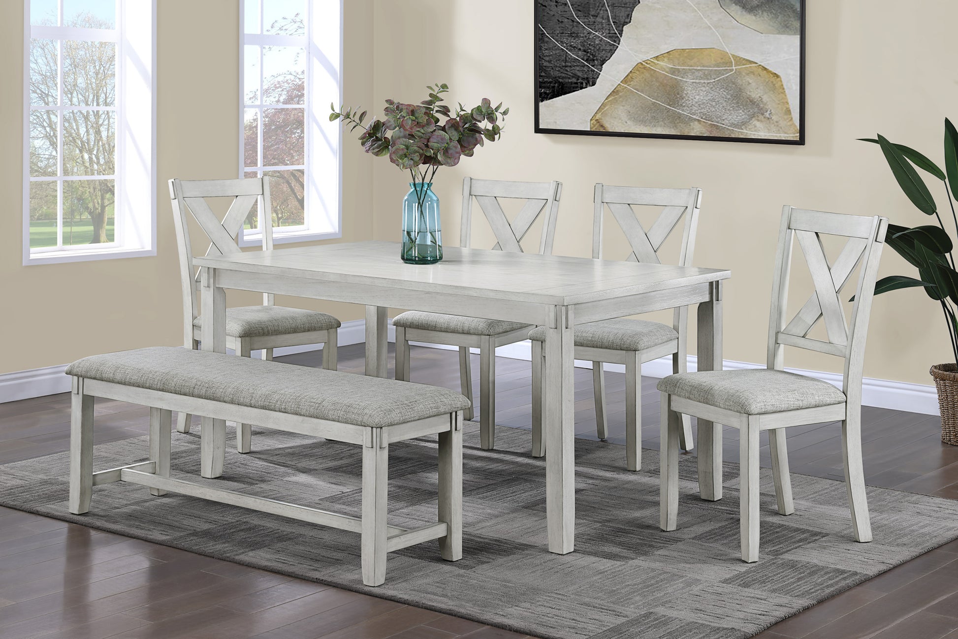 1Pc Driftwood Finish Standard Height Bench Gray White Fabric Upholstered Seat Cushion Tapered Legs Contemporary Transitional Style Dining Room Wooden Furniture Antique White Gray Linen Or Linen Blend Dining Room Rectangular Grey Transitional Wood