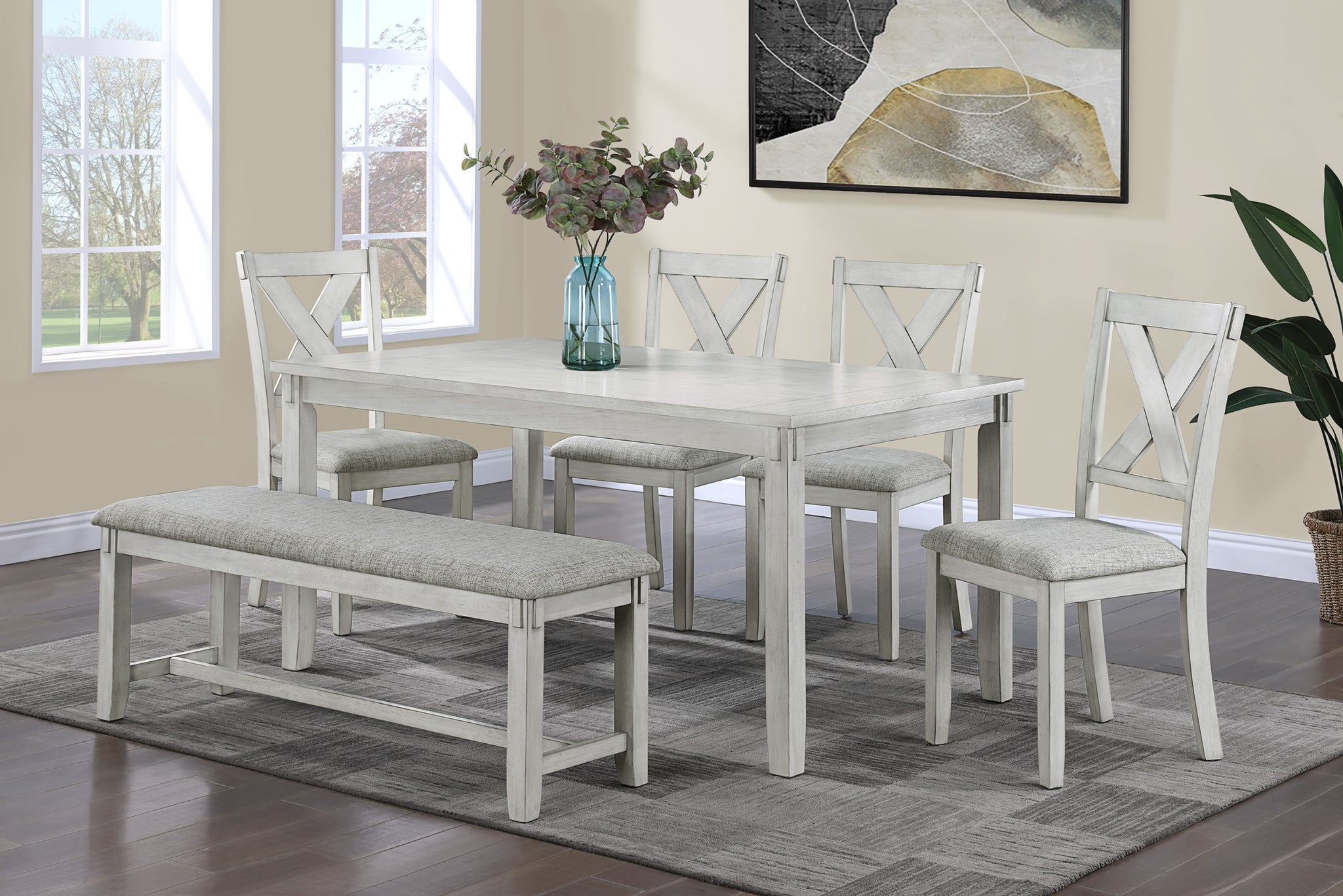 Rustic Farmhouse Transitional 6Pc Dining Set Rectangular Table Linen Look Fabric Upholstered Chair Bench Seat Wooden Dining Room Furniture White Gray Drift Wood Finish Wood Wood Antique White Gray Gray Seats 6 Wood Dining Room 60 Inches