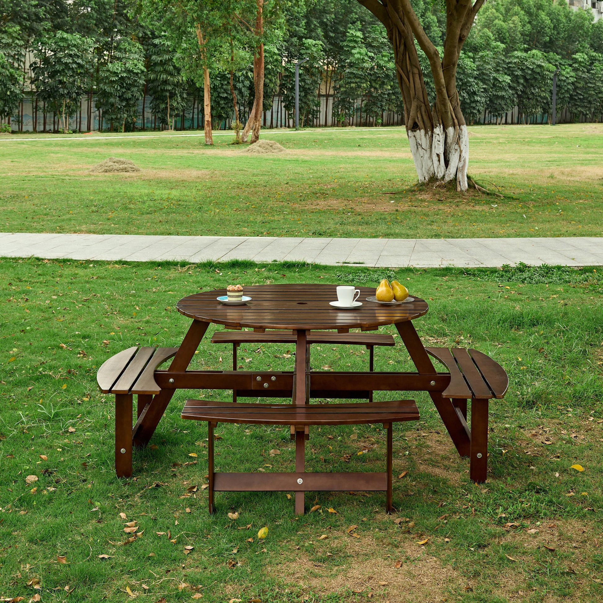 Outdoor 8 Person Picnic Table, 8 Person Round Picnic Table With 4 Built In Benches, Umbrella Hole, Outside Table And Bench Set For Garden, Backyard, Porch, Patio, Brown Brown Wood Metal