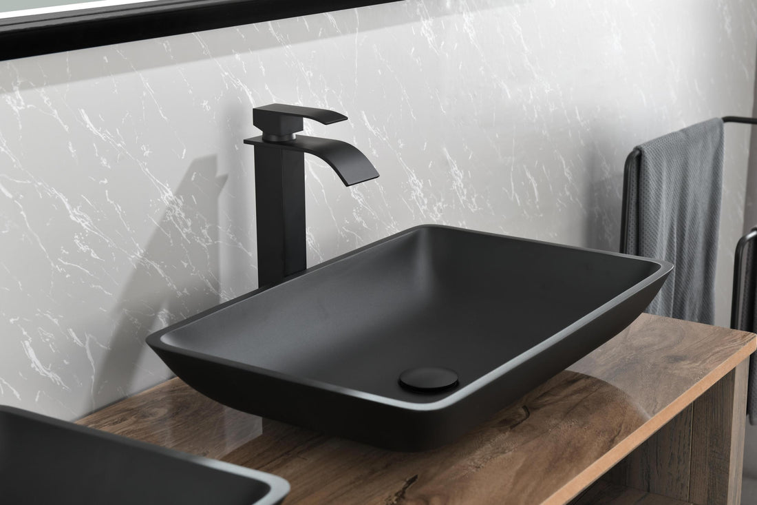 22" L 14" W 4" H Matte Black Glass Rectangular Vessel Bathroom Sink With Faucet And Pop Up Drain In Matte Black Matte Black Glass