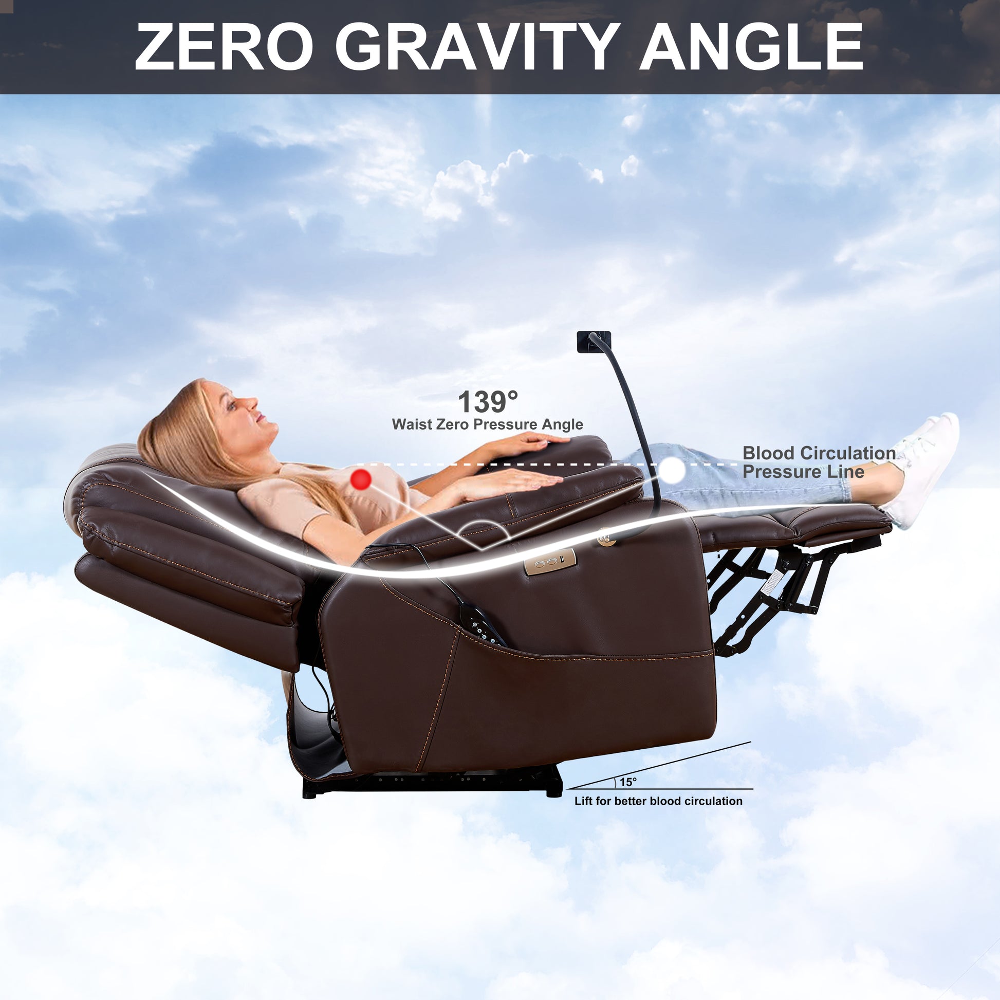 Liyasi Zero Gravity Power Recliner With Comfortable Lying Degree, Massage, Heating And Phone Holder, Side Pockets, Usb Charge Ports, Enjoy Extreme Relaxation Brown Power Remote Primary Living Space Medium Soft Eucalyptus Foam Bonded Leather