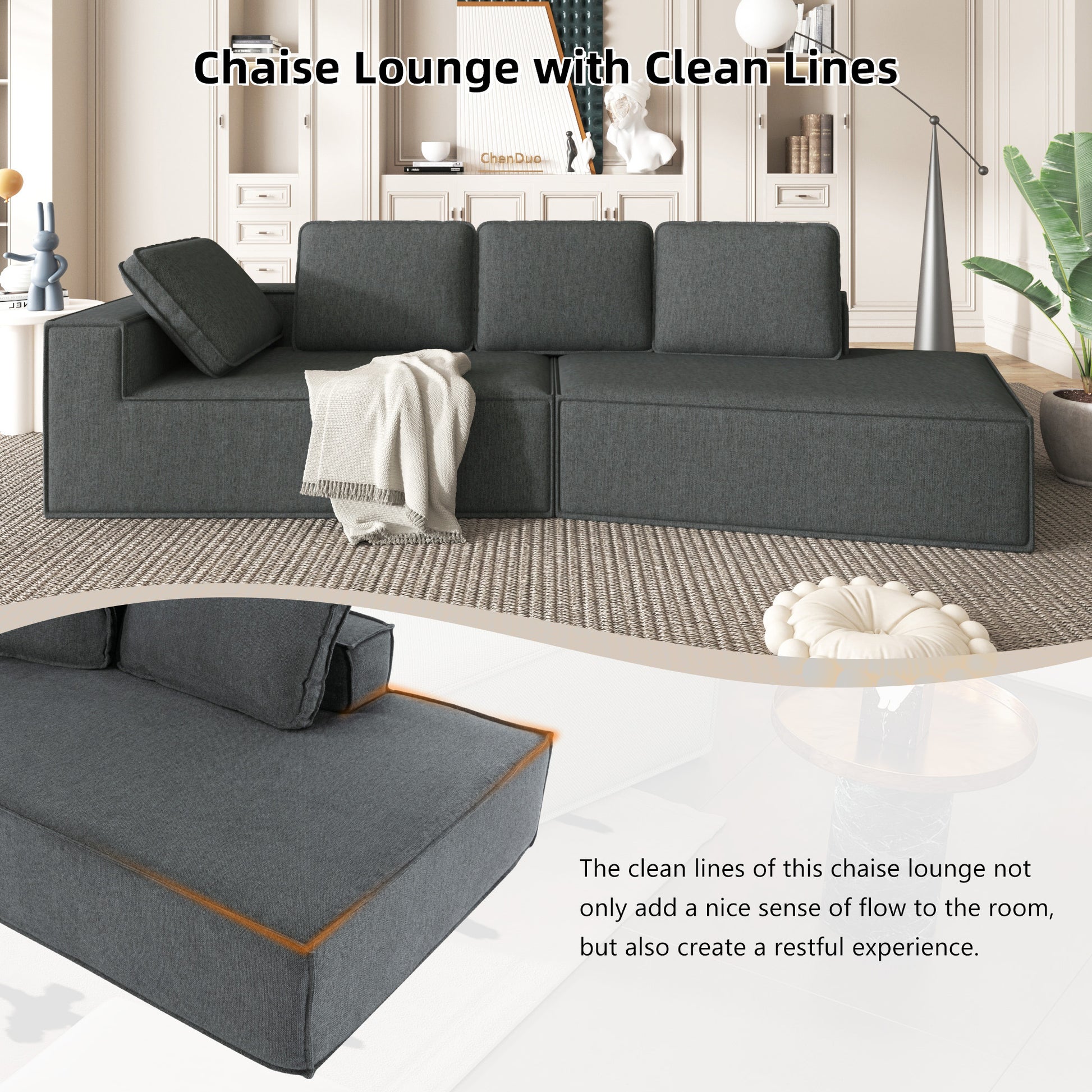 125" Stylish Chaise Lounge Modern Indoor Lounge Sofa Sleeper Sofa With Clean Lines For Living Room, Grey Grey Chenille 2 Seat