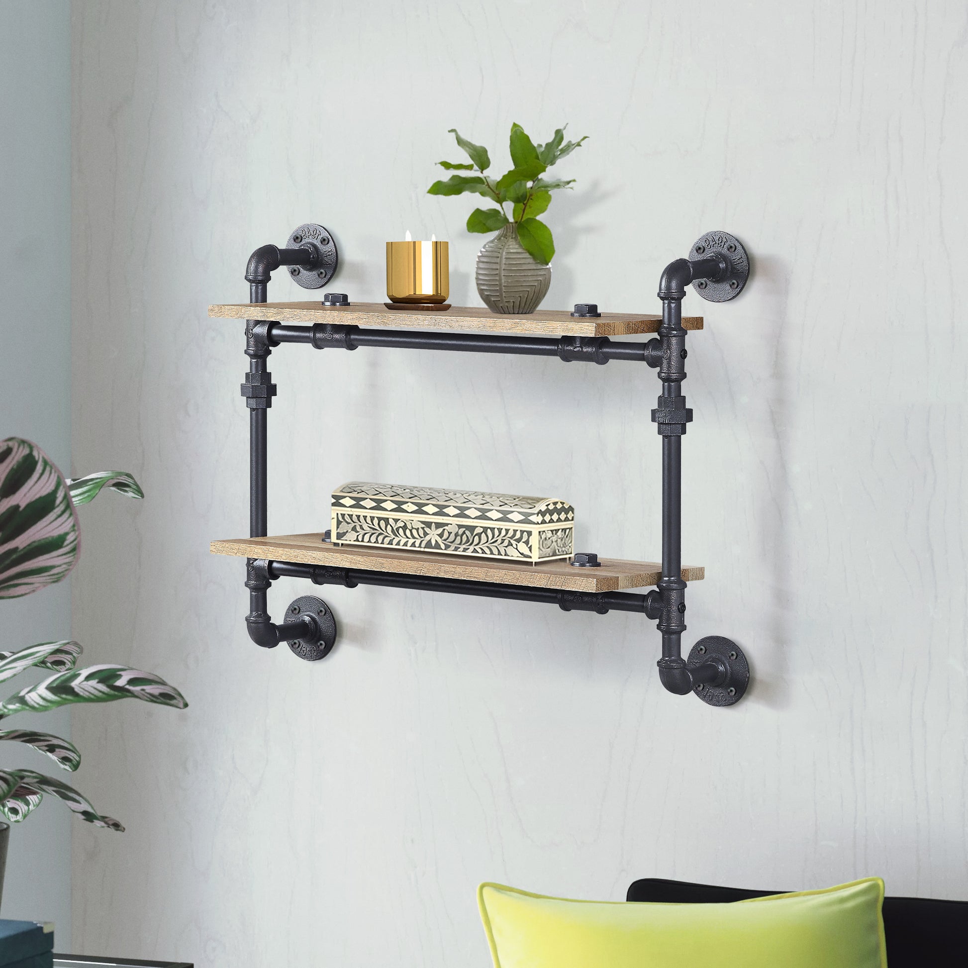 Oak And Sandy Black Rectangle 2 Tier Wall Shelf 2 Or Less Natural Black Open Back Wood Metal