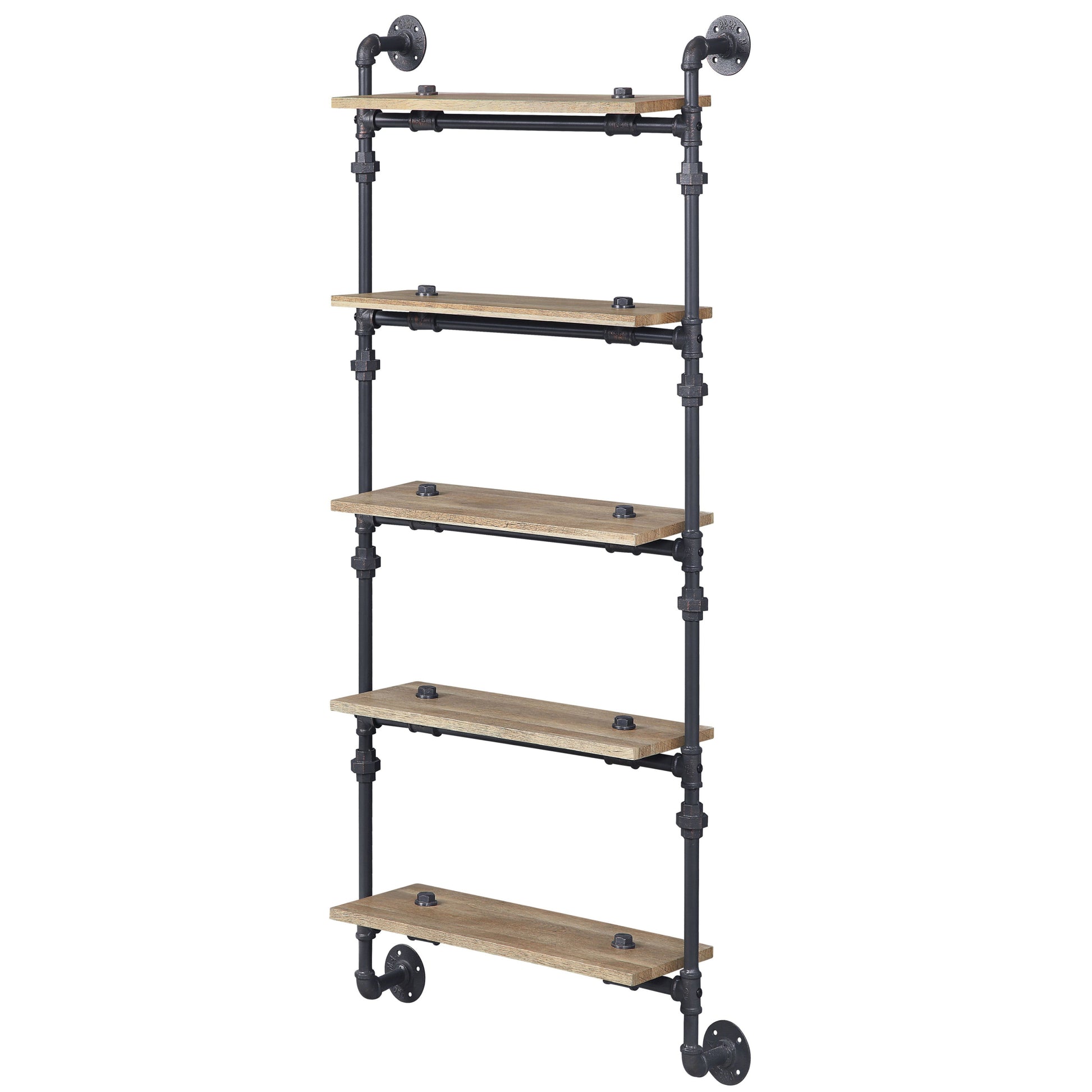 Oak And Sandy Black Rectangle 5 Tier Wall Shelf 5 Natural Black Primary Living Space Open Back Oak Wood Metal