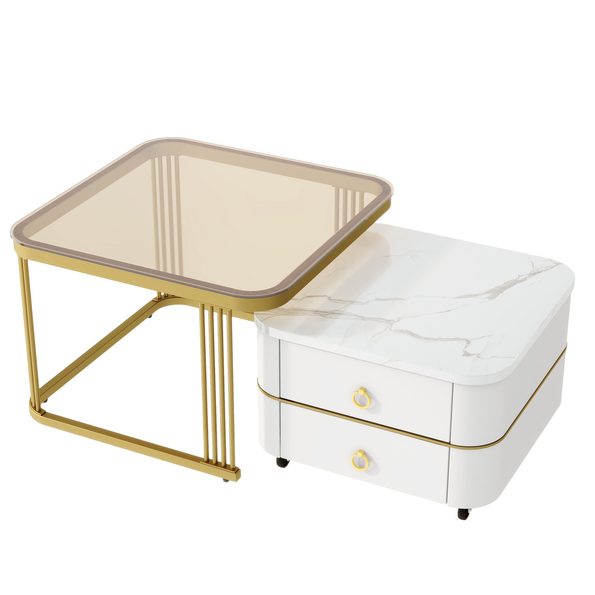 2 In 1 Square Nesting Coffee Table With Wheels & Drawers, Stackable Side Table With High Gloss Marble Grain Top, End Table Set With Brown Tempered Glass For Living Room, White White Gold Primary Living Space Drawers Square Mdf Steel