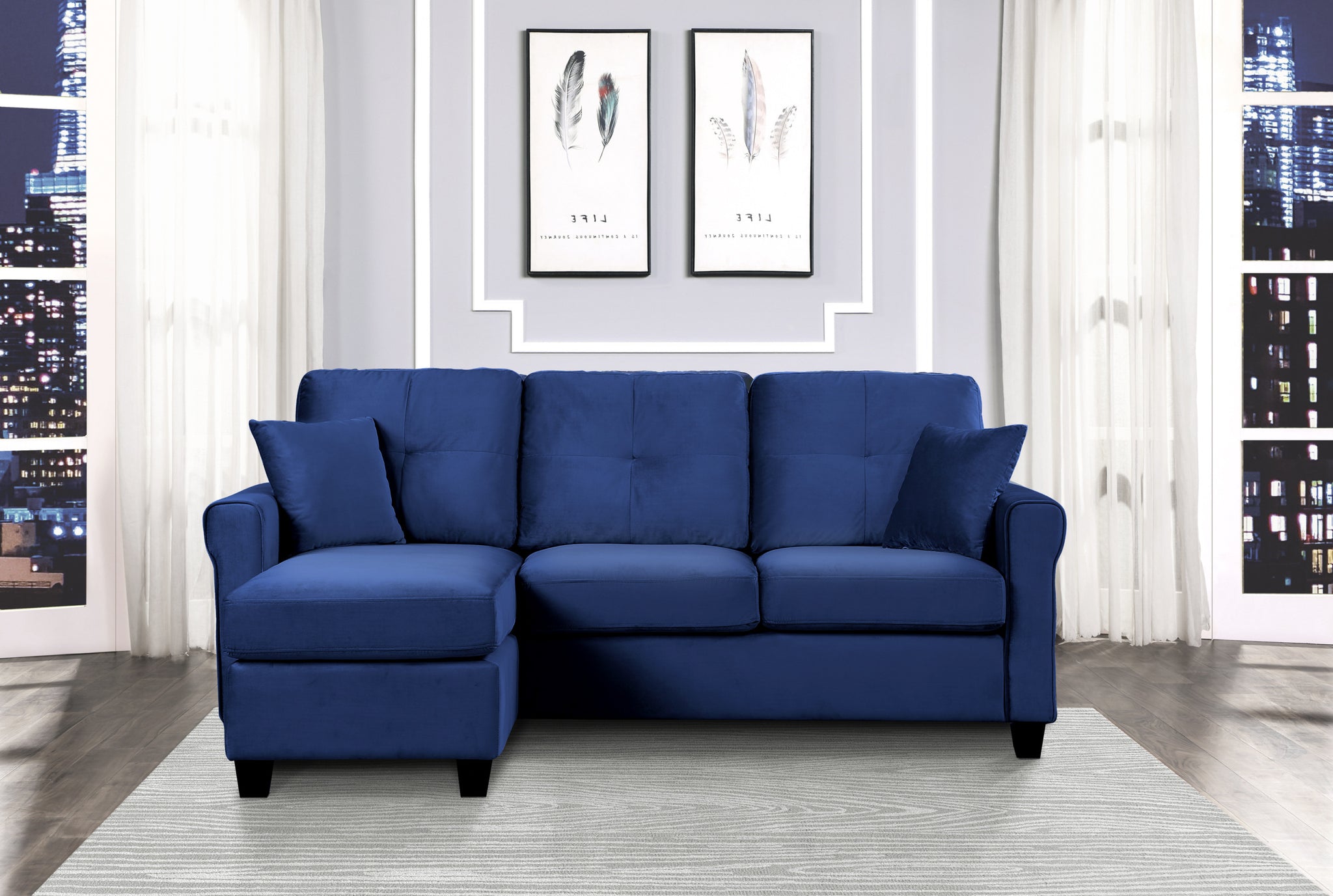 Modern Living Room Sectional Sofa Reversible Chaise With 2 Pillows Blue Velvet Upholstered Tufted Back Solid Wood Frame Furniture L Shape Sofa Navy Velvet Wood Primary Living Space Contemporary,Modern L Shaped Solid Wood 3 Seat