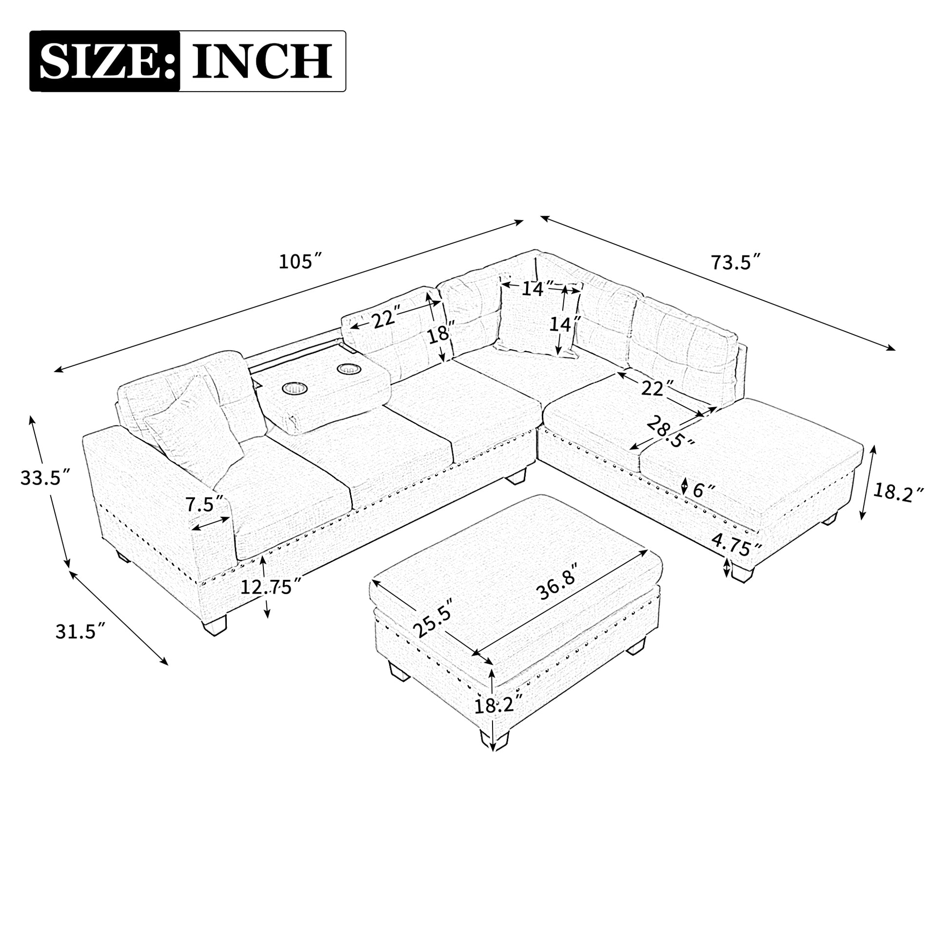 105" Modern Sectional Sofa With Storage Ottoman, L Shape Couch With 2 Pillows And Cup Holder,Sectional Sofa With Reversible Chaise For Living Room,Light Gray Light Gray Foam Linen 6 Seat