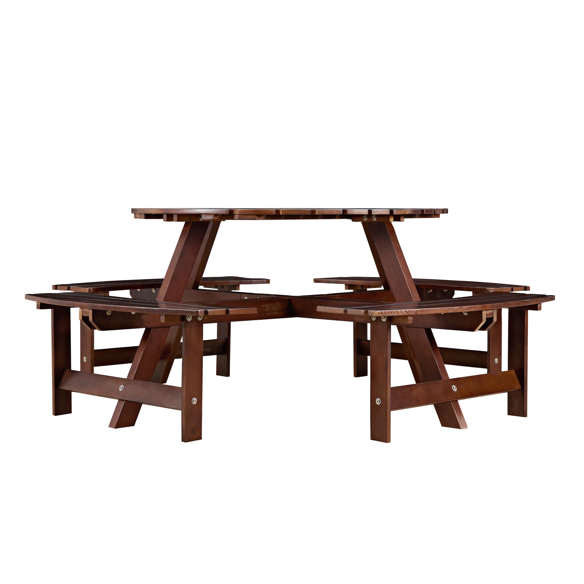 Outdoor 8 Person Picnic Table, 8 Person Round Picnic Table With 4 Built In Benches, Umbrella Hole, Outside Table And Bench Set For Garden, Backyard, Porch, Patio, Brown Brown Wood Metal