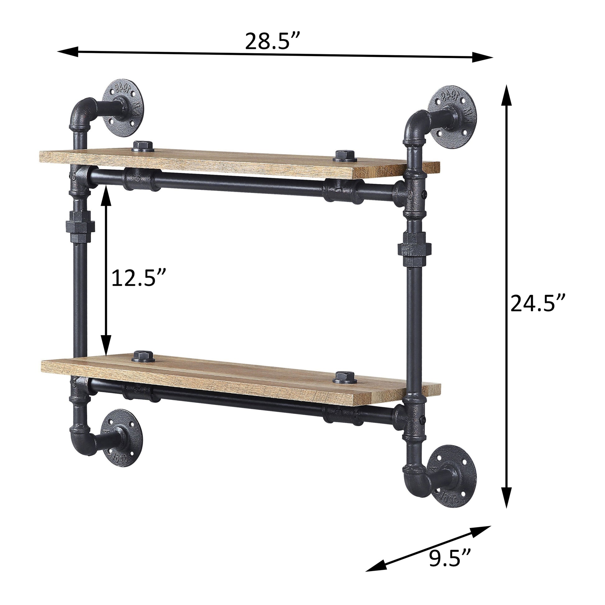 Oak And Sandy Black Rectangle 2 Tier Wall Shelf 2 Or Less Natural Black Open Back Wood Metal