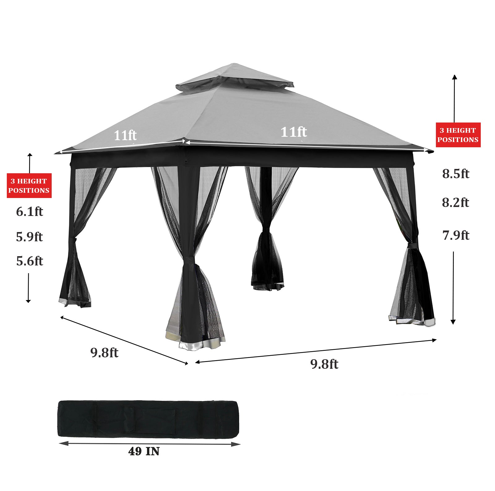 Outdoor 11X 11Ft Pop Up Gazebo Canopy With Removable Zipper Netting,2 Tier Soft Top Event Tent,Suitable For Patio Backyard Garden Camping Area,Grey Grey Metal