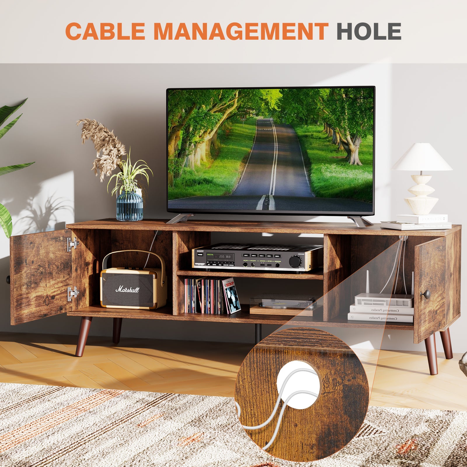 Can Accommodate 60 "Tv, Living Room Bedroom Tv Media Console, Adjustable Shelves, 2 Storage Cabinets, Brown Black Metal & Wood