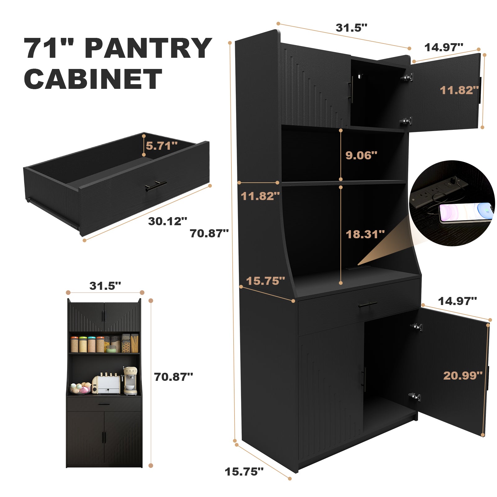 71" Kitchen Storage Cabinet With Charging Station,With 2 Outlets & 1Usb 1Type C Ports,Pantry With 2 Cabinet ,1 Large Storage Drawer& 1 Large Countertop Black Dining Room Mdf