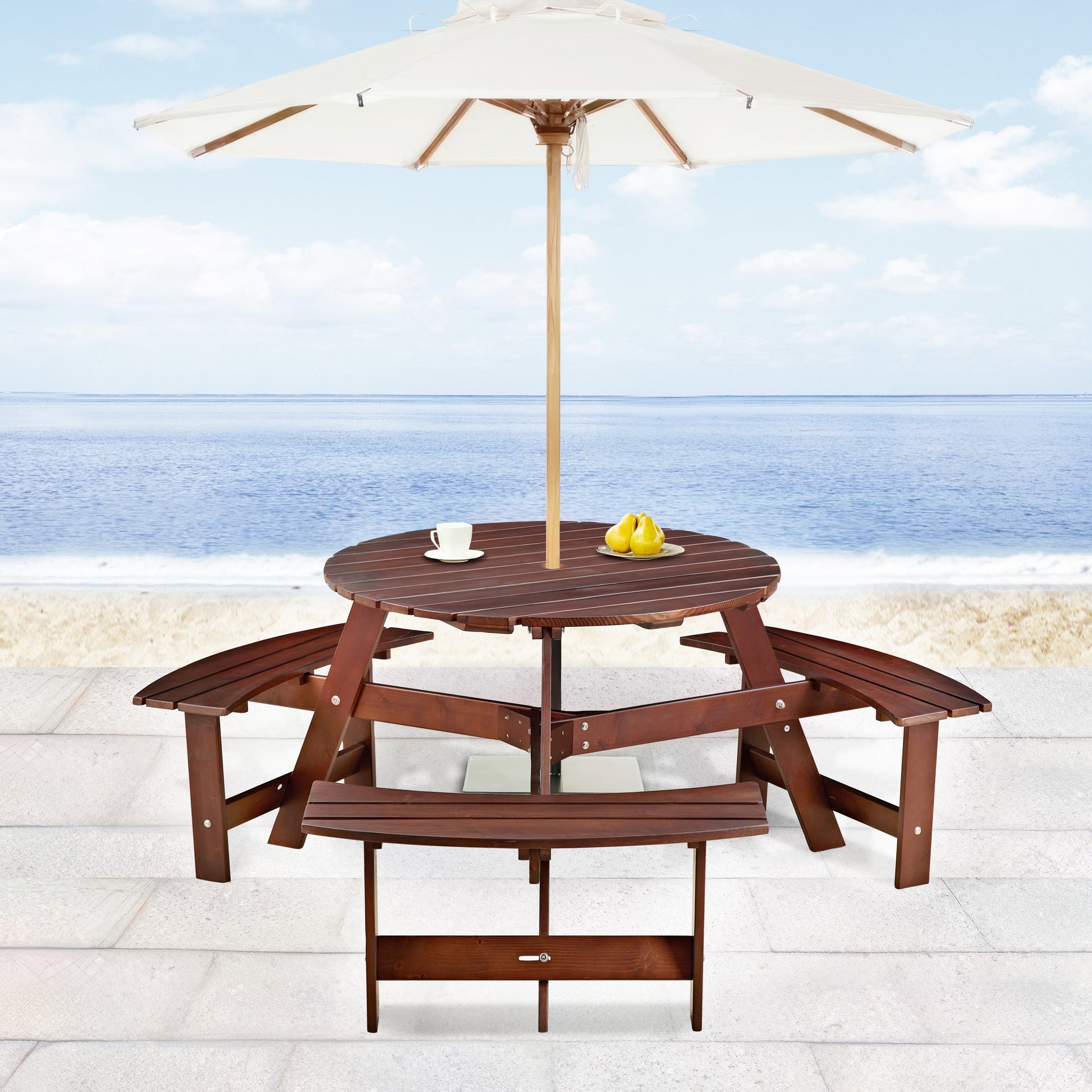Outdoor 6 Person Picnic Table, 6 Person Round Picnic Table With 3 Built In Benches, Umbrella Hole, Outside Table And Bench Set For Garden, Backyard, Porch, Patio, Brown Brown Wood Metal