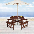 Outdoor 8 Person Picnic Table, 8 Person Round Picnic Table With 4 Built In Benches, Umbrella Hole, Outside Table And Bench Set For Garden, Backyard, Porch, Patio, Brown Brown Wood Metal
