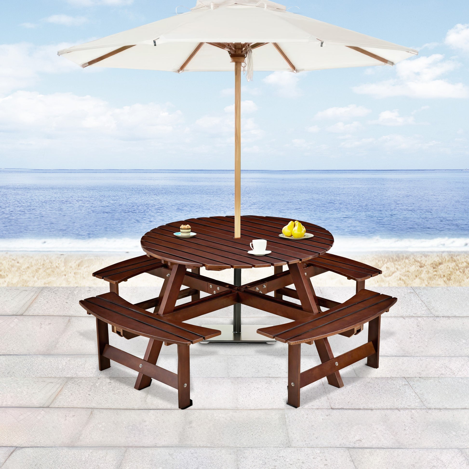 Outdoor 8 Person Picnic Table, 8 Person Round Picnic Table With 4 Built In Benches, Umbrella Hole, Outside Table And Bench Set For Garden, Backyard, Porch, Patio, Brown Brown Wood Metal