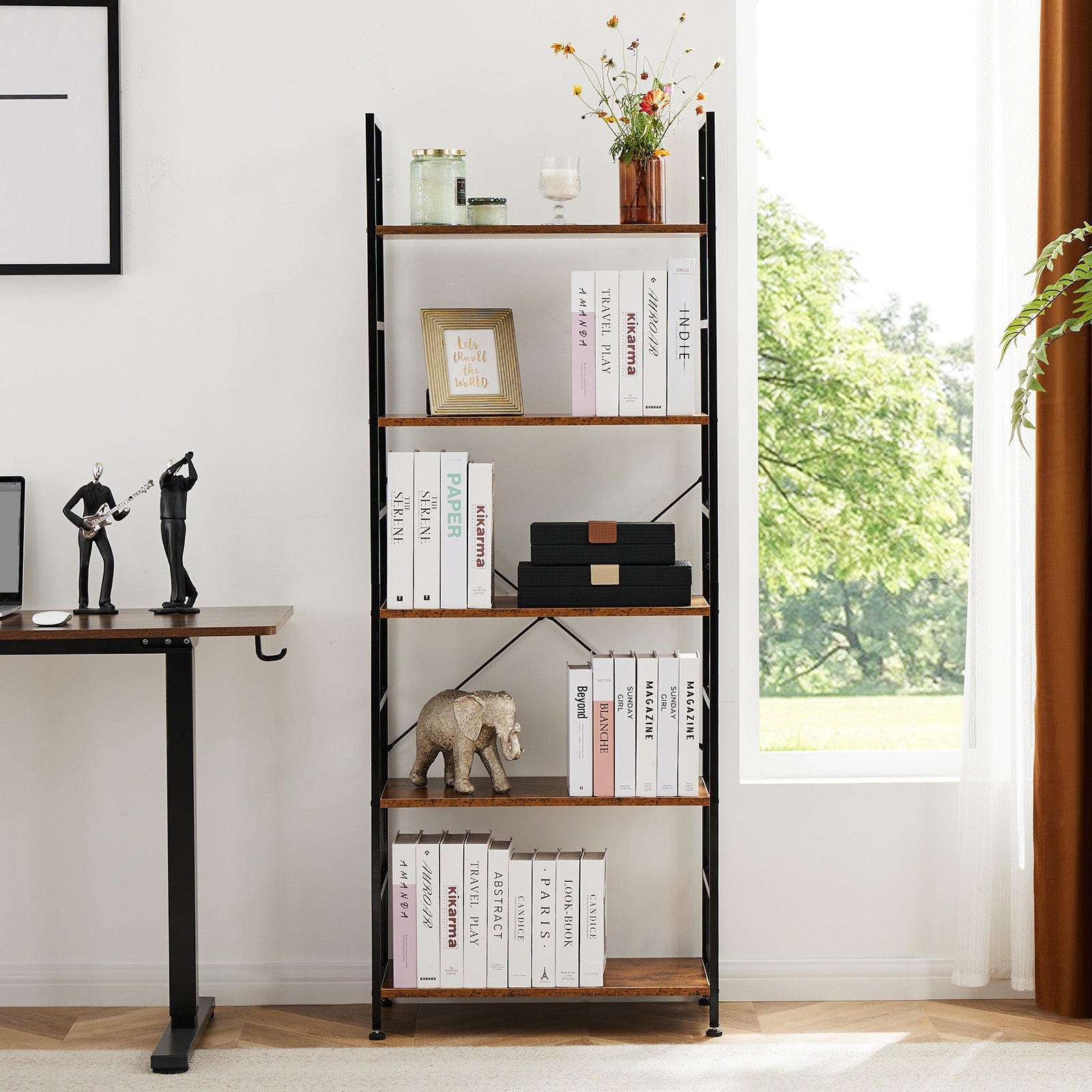 5 Shelves, Home Office And Living Room, Multifunctional Display Stand For Books, Brown Brown Metal & Wood