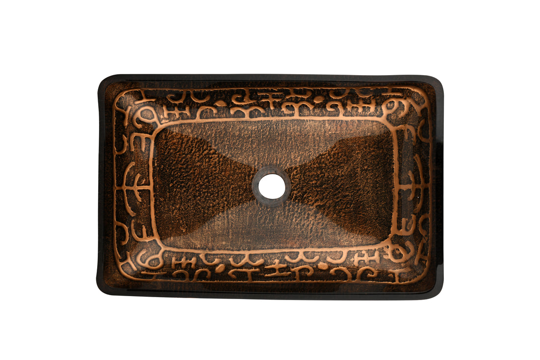 22" L 14" W 4" H Handmade Glass Rectangle Vessel Bathroom Sink In Brown And Gold Fusion Finish With Faucet And Pop Up Drain In Matte Black Brown Glass