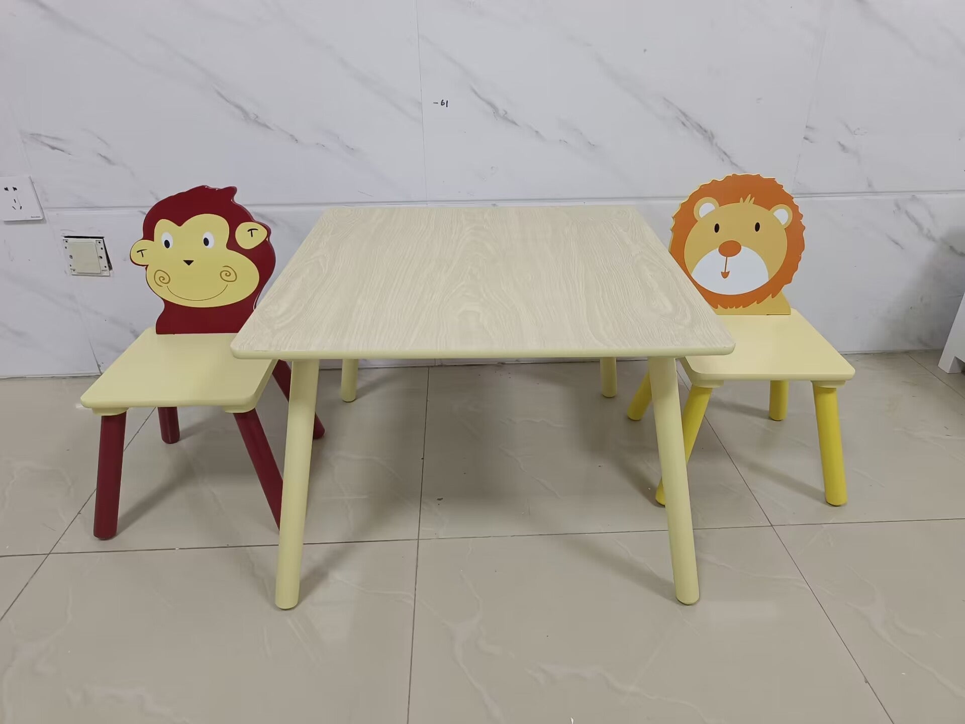 Kids Table And 2 Chairs Set, 3 Pieces Toddler Table And Chair Set, Wooden Activity Play Table Set Lion&Monkey Natural Solid Wood Mdf