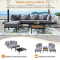 8 Piece Patio Sectional Sofa Set With Tempered Glass Coffee Table And Wooden Coffee Table For Outdoor Oasis, Garden, Patio And Poolside Light Grey Cushion Black Steel Light Grey Iron