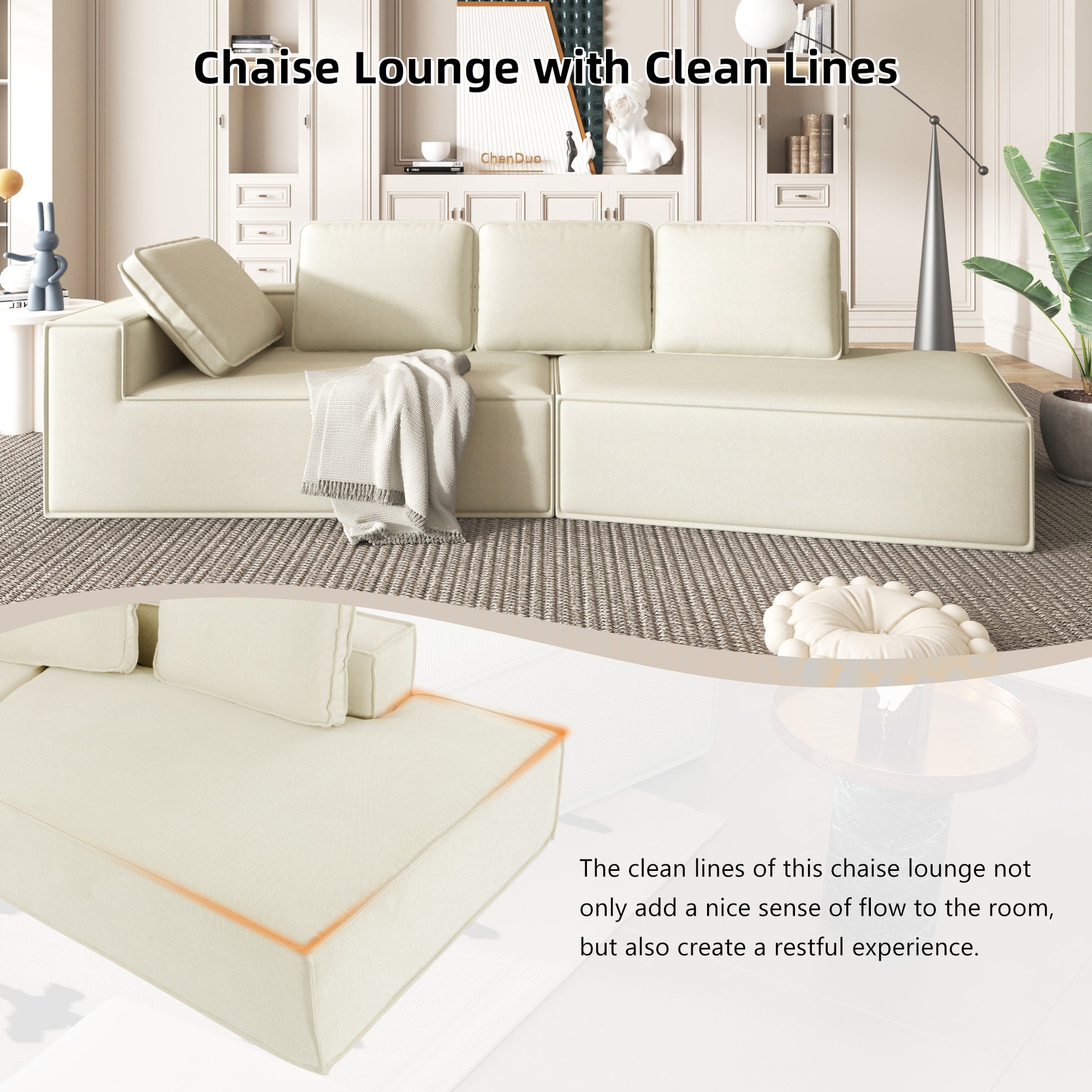 125" Stylish Chaise Lounge Modern Indoor Lounge Sofa Sleeper Sofa With Clean Lines For Living Room, Beige Beige Chenille 2 Seat