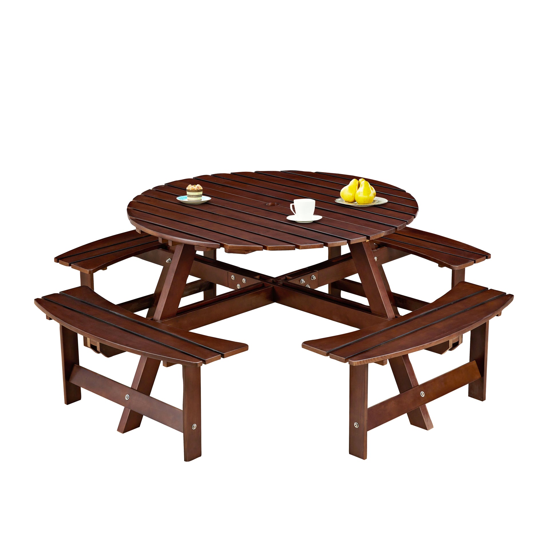 Outdoor 8 Person Picnic Table, 8 Person Round Picnic Table With 4 Built In Benches, Umbrella Hole, Outside Table And Bench Set For Garden, Backyard, Porch, Patio, Brown Brown Wood Metal