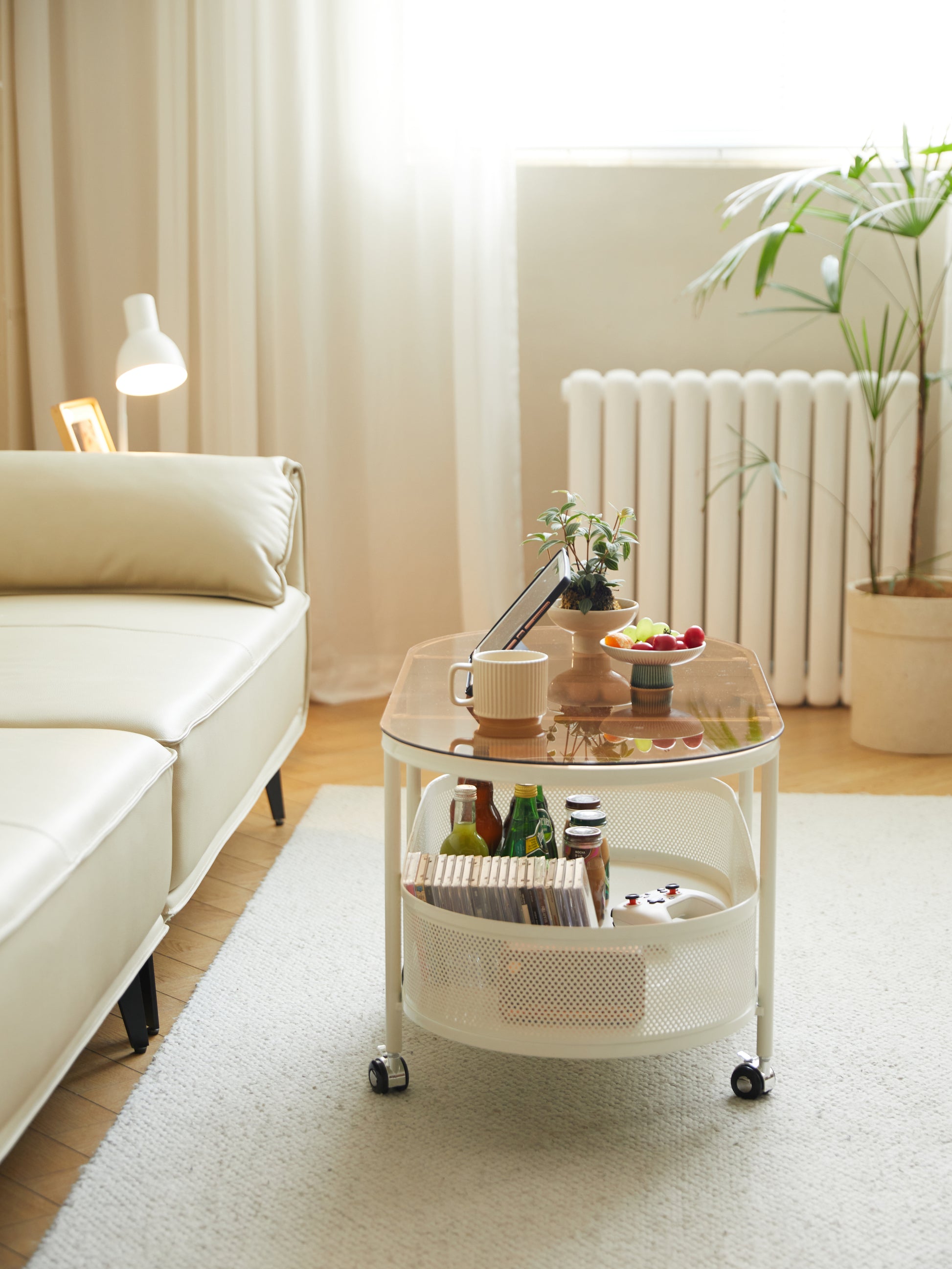Movable Oval Metal Glass Coffee Table With Storage White Glass Metal