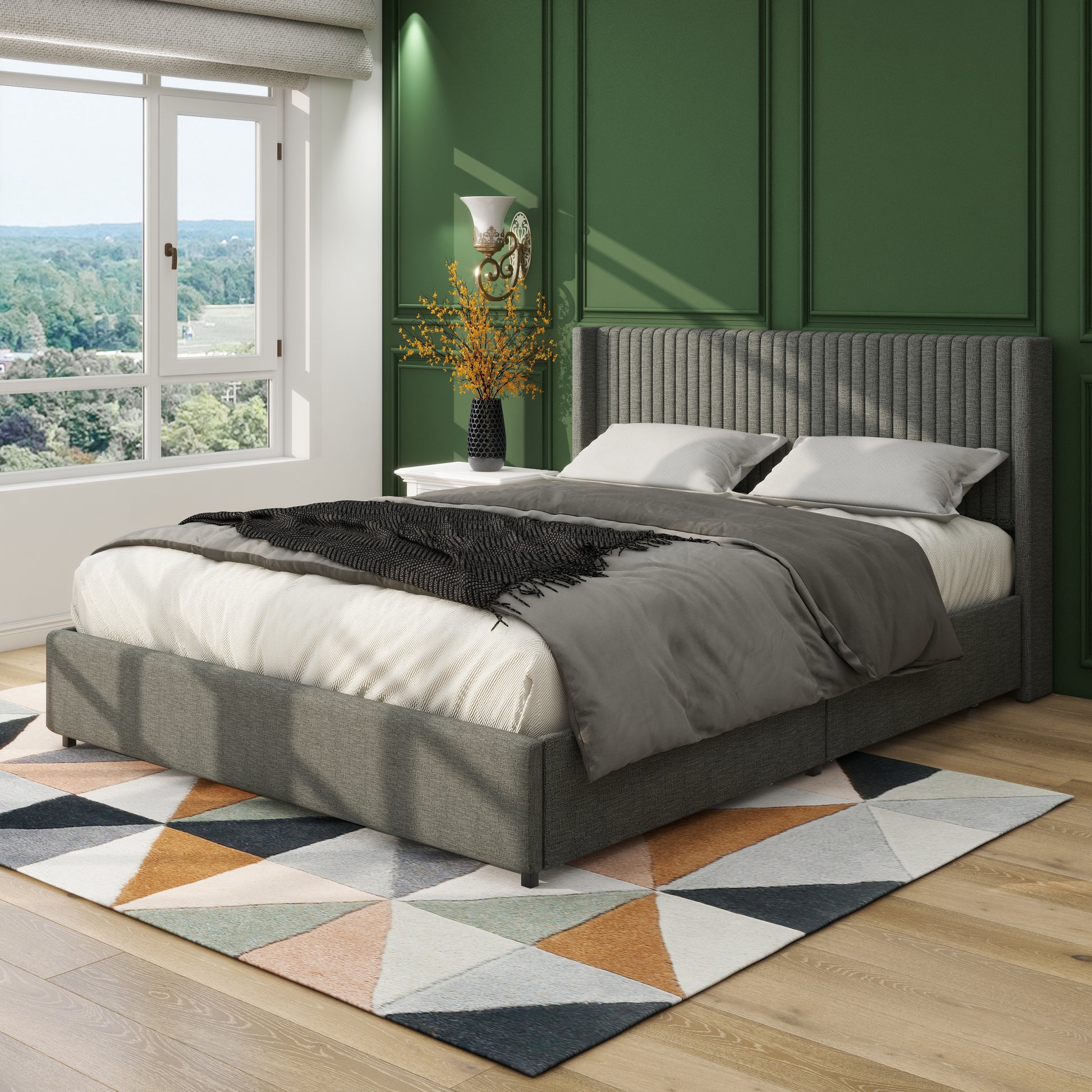 Same As B083115499 Anna Queen Size Gray Linen Upholstered Wingback Platform Bed With Patented 4 Drawers Storage, Modern Design Headboard With Tight Channel, Wooden Slat Mattress Support Box Spring Not Required Queen Gray Metal Bedroom