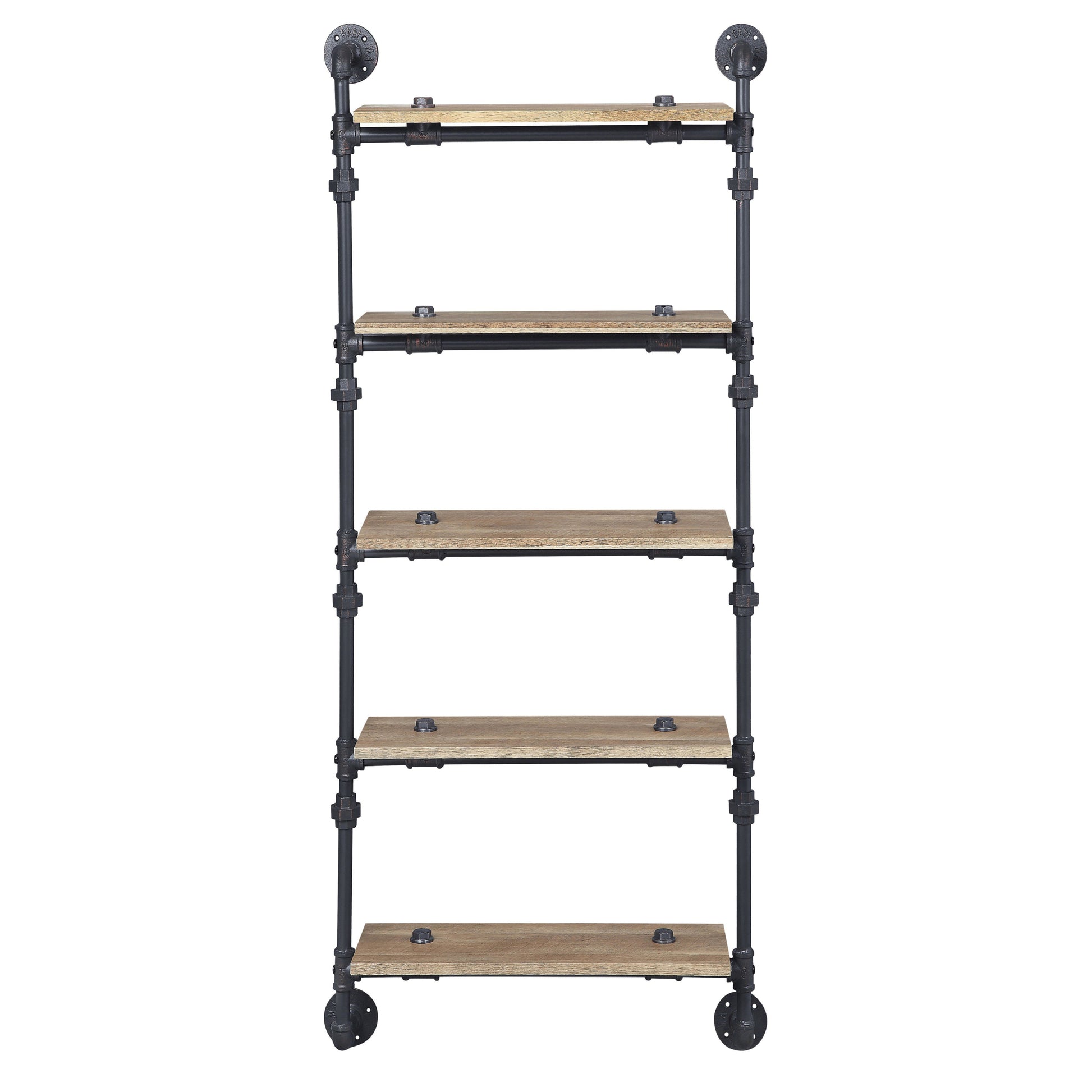 Oak And Sandy Black Rectangle 5 Tier Wall Shelf 5 Natural Black Primary Living Space Open Back Oak Wood Metal