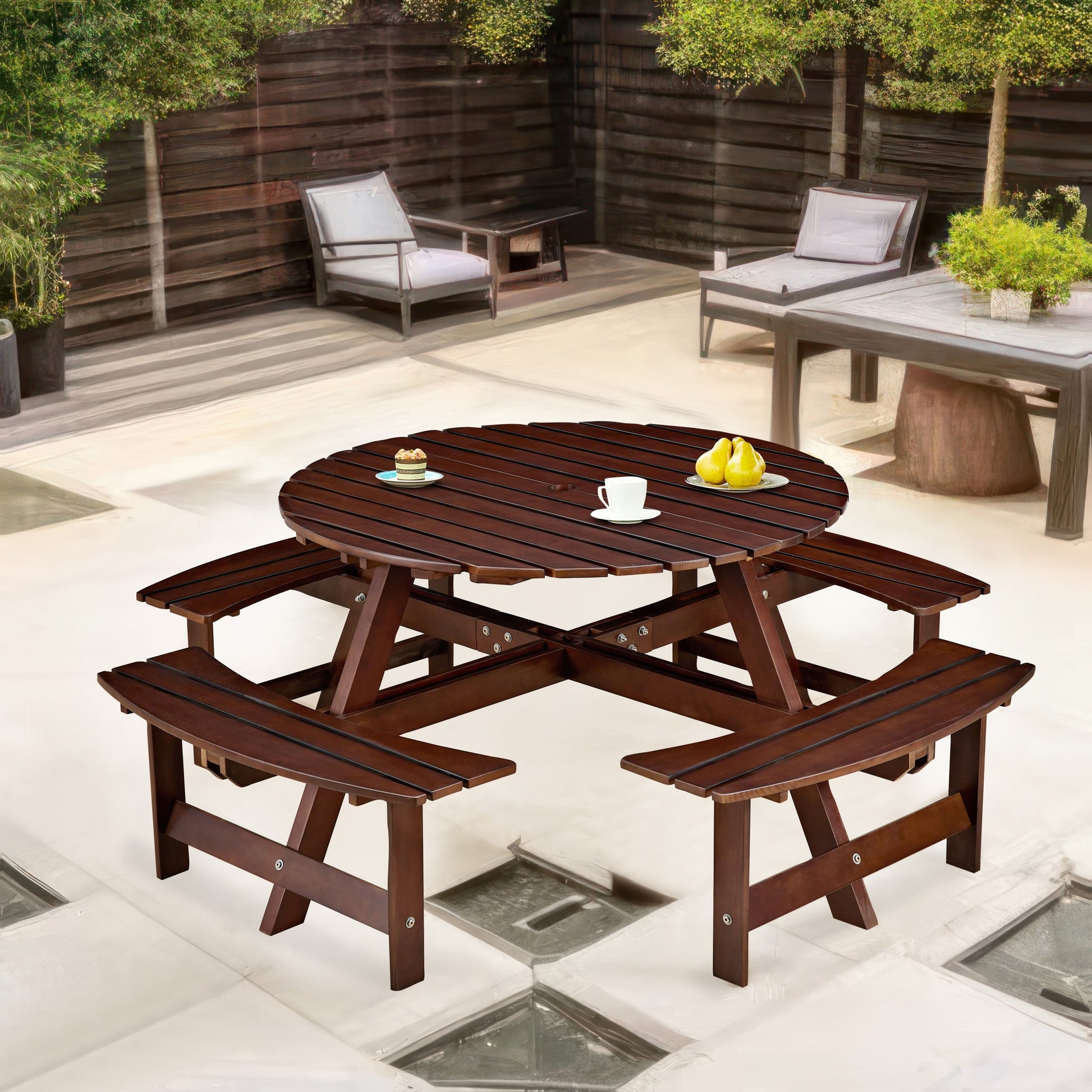 Outdoor 8 Person Picnic Table, 8 Person Round Picnic Table With 4 Built In Benches, Umbrella Hole, Outside Table And Bench Set For Garden, Backyard, Porch, Patio, Brown Brown Wood Metal