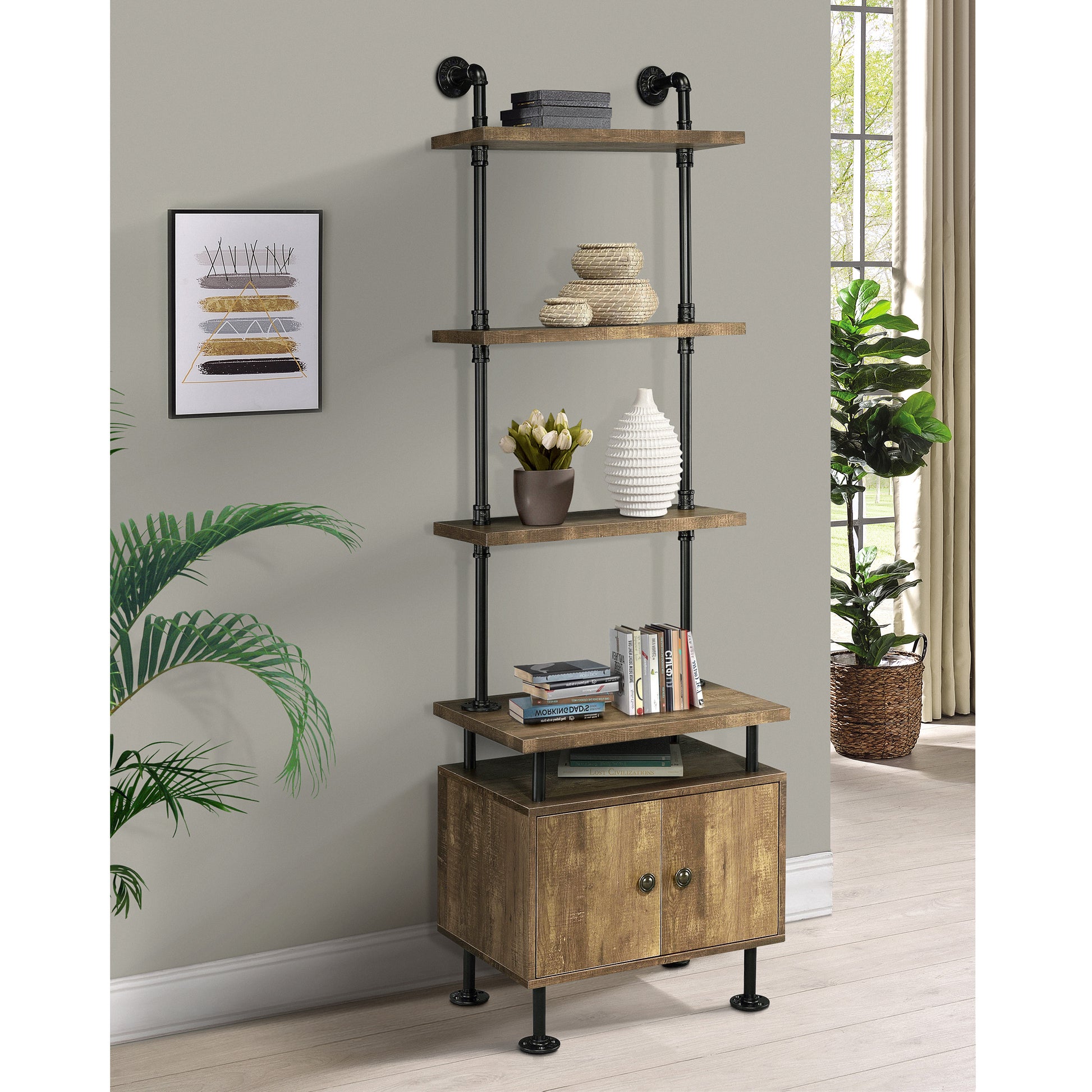 Rustic Oak And Black Side Pier With Open Shelving Black Brown Wood Metal