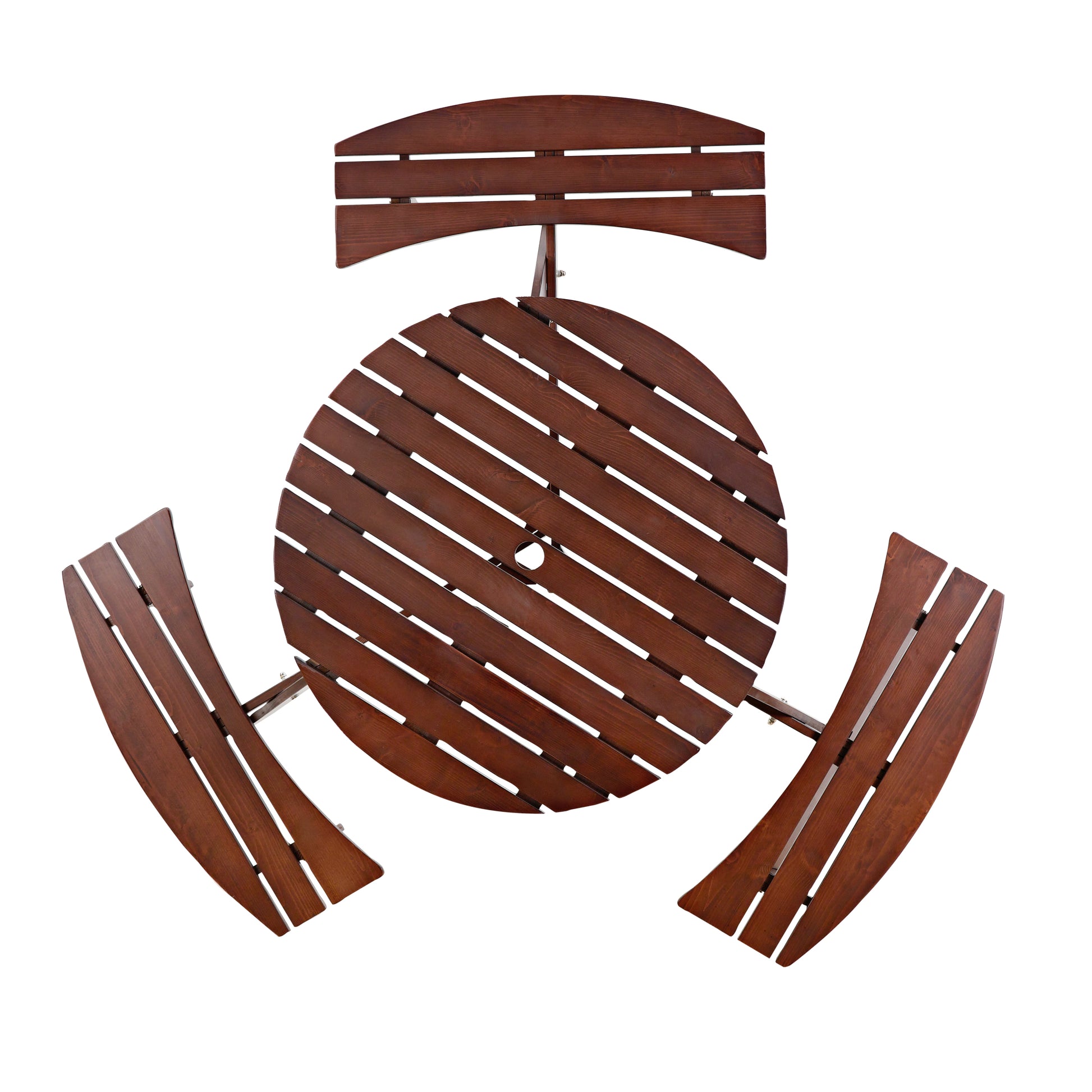 Outdoor 6 Person Picnic Table, 6 Person Round Picnic Table With 3 Built In Benches, Umbrella Hole, Outside Table And Bench Set For Garden, Backyard, Porch, Patio, Brown Brown Wood Metal