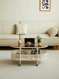 Movable Oval Metal Glass Coffee Table With Storage White Glass Metal
